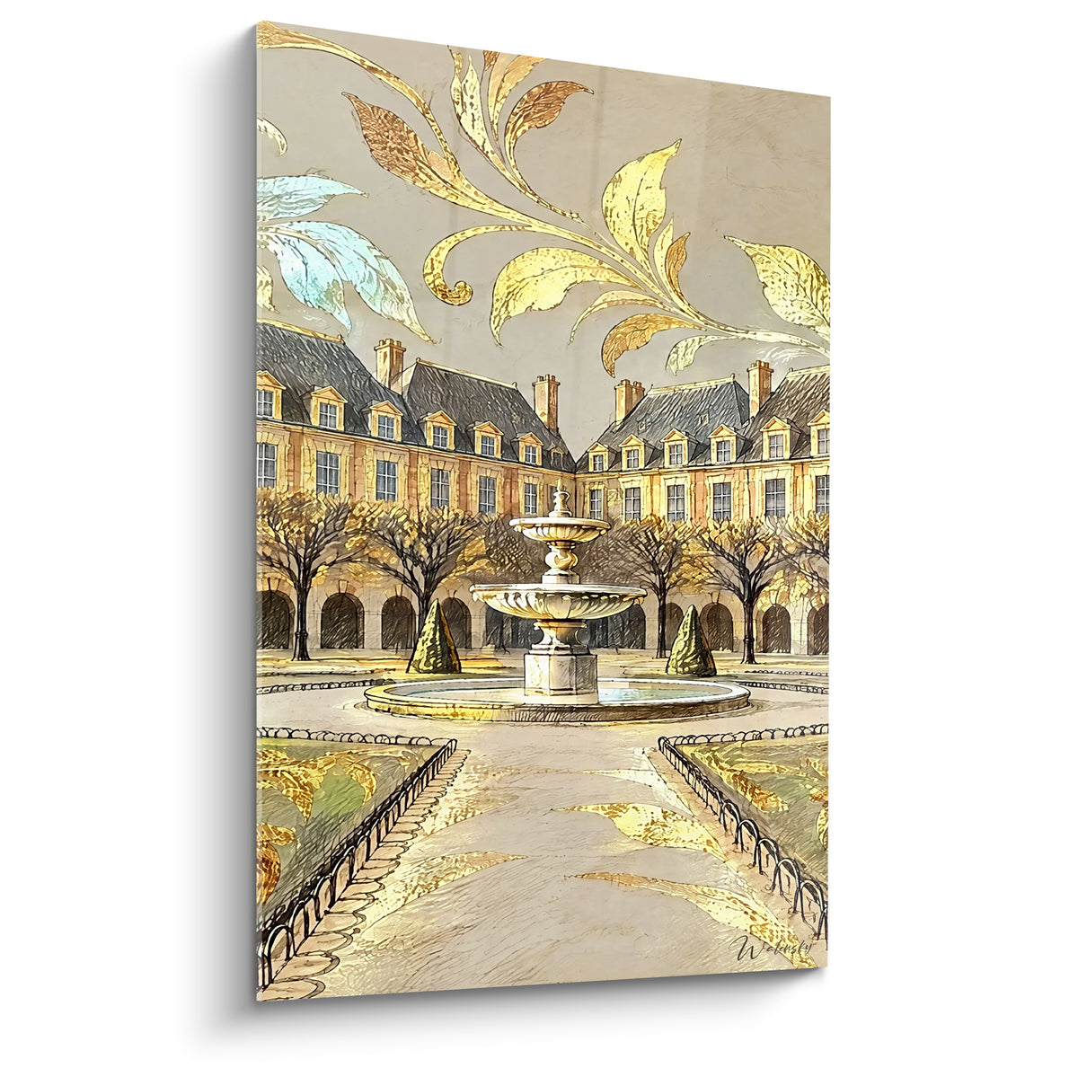 Fontaine à deux vasques entourée de façades ocre et feuillages dorés, style croquis illustré