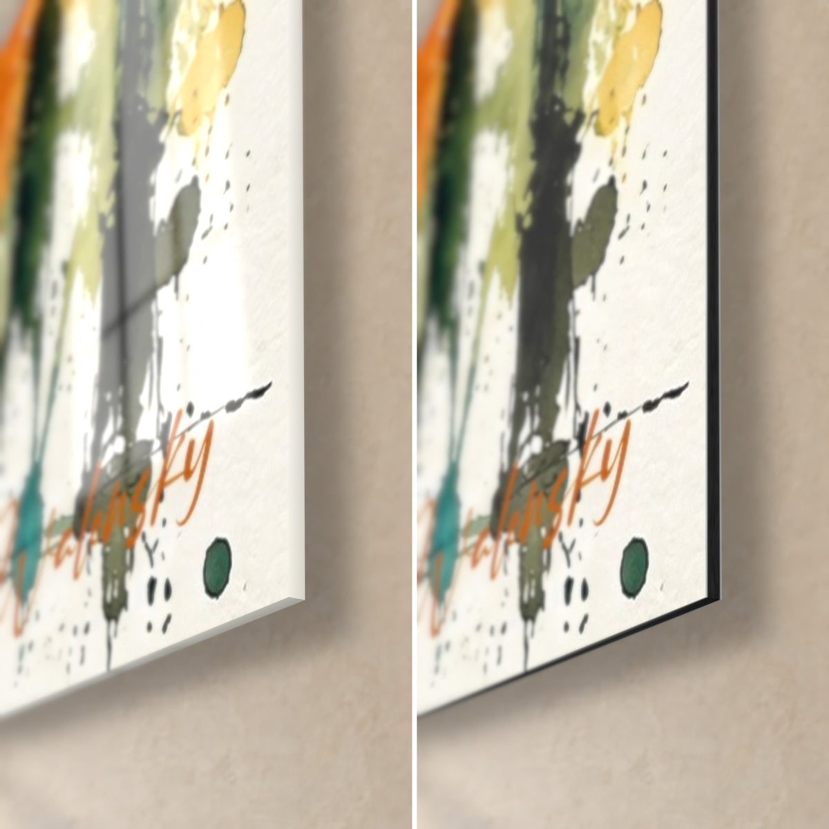 Schilderij van een gouden gevel met oranje en petroleumblauwe druppels, rechtsonder hoek van glanzend glas en mat Dibond, 3 mm dik