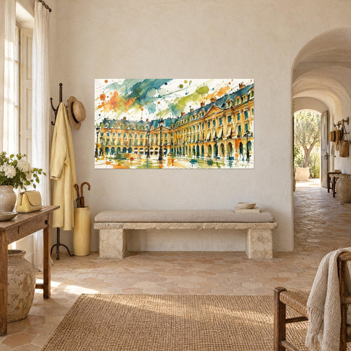 Wall art Place Vendôme with blue-grey slate roofs and golden stone, olive-green stains on the partition, above a stone bench in a country house