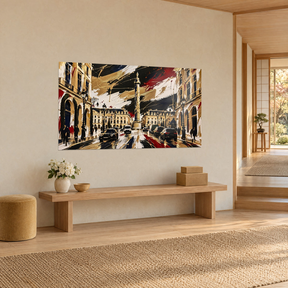 Gemälde eines Säulendenkmals, umgeben von cremefarbenen Haussmann-Fassaden, goldene Impasto-Akzente und Karminrot, Japandi-Wand in Dreiviertelansicht