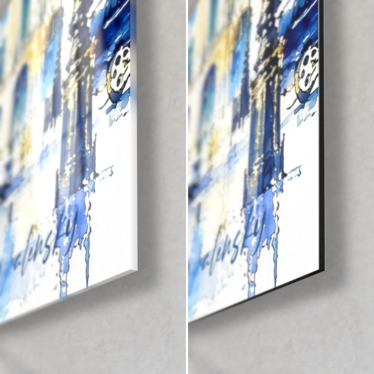Gemälde Vendôme-Säule in Aquarell, untere rechte Ecke: glänzendes Acrylglas links, matter Dibond-Aluminium rechts, blau und gold