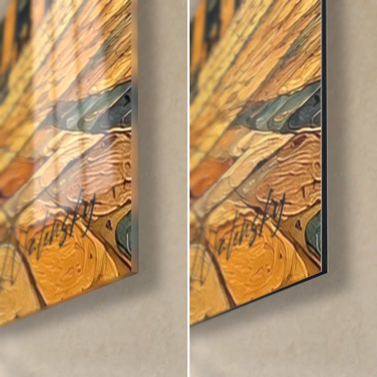 Quadro colonna dorata e blu pavone, angolo in basso a destra: vetro lucido a sinistra, Dibond opaco a destra, spessore di 3 mm visibile