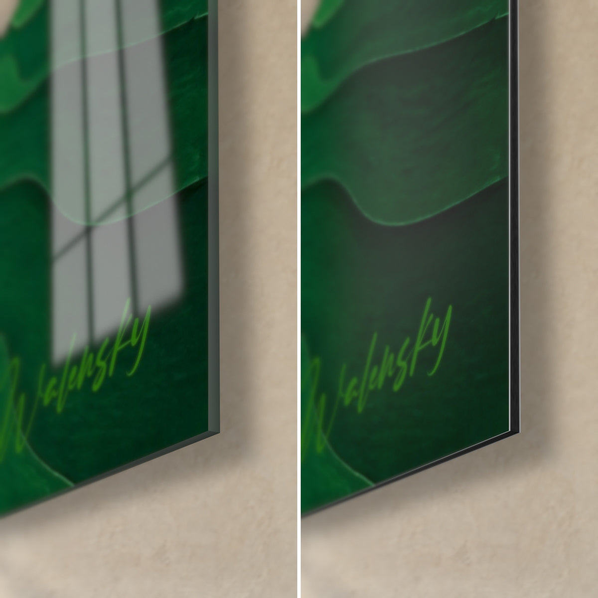 Gemälde geschnitzte Bronzesäule, untere rechte Ecke mit glänzendem Acrylglas links und mattem Dibond-Alu rechts, 3 mm Kante, tiefes Grün