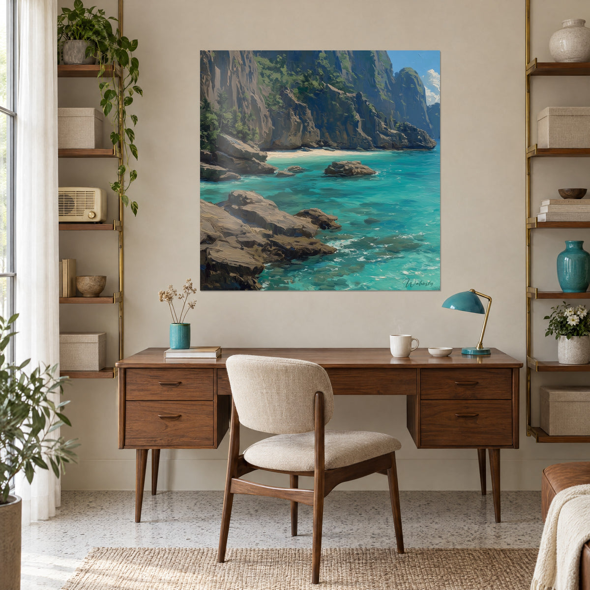 Schilderij olieverfschilderij van een turquoise baai met bruine rotswanden en blauwe lucht, boven een teakhouten bureau