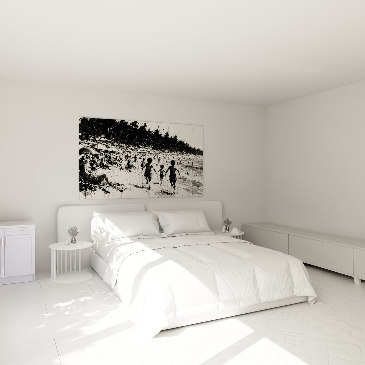 Baigneurs et pins en encre noire au-dessus d'un lit dans une chambre claire