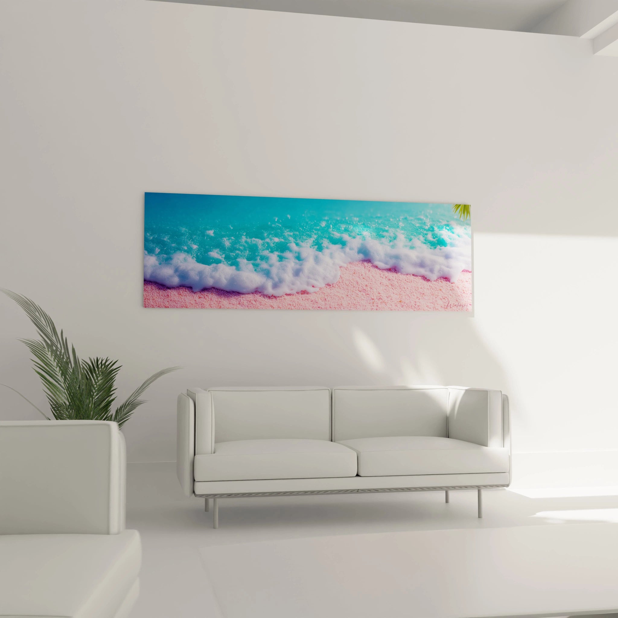 tableau plage moderne Walensky panoramique vagues turquoise et sable rose au dessus d un canape blanc minimaliste