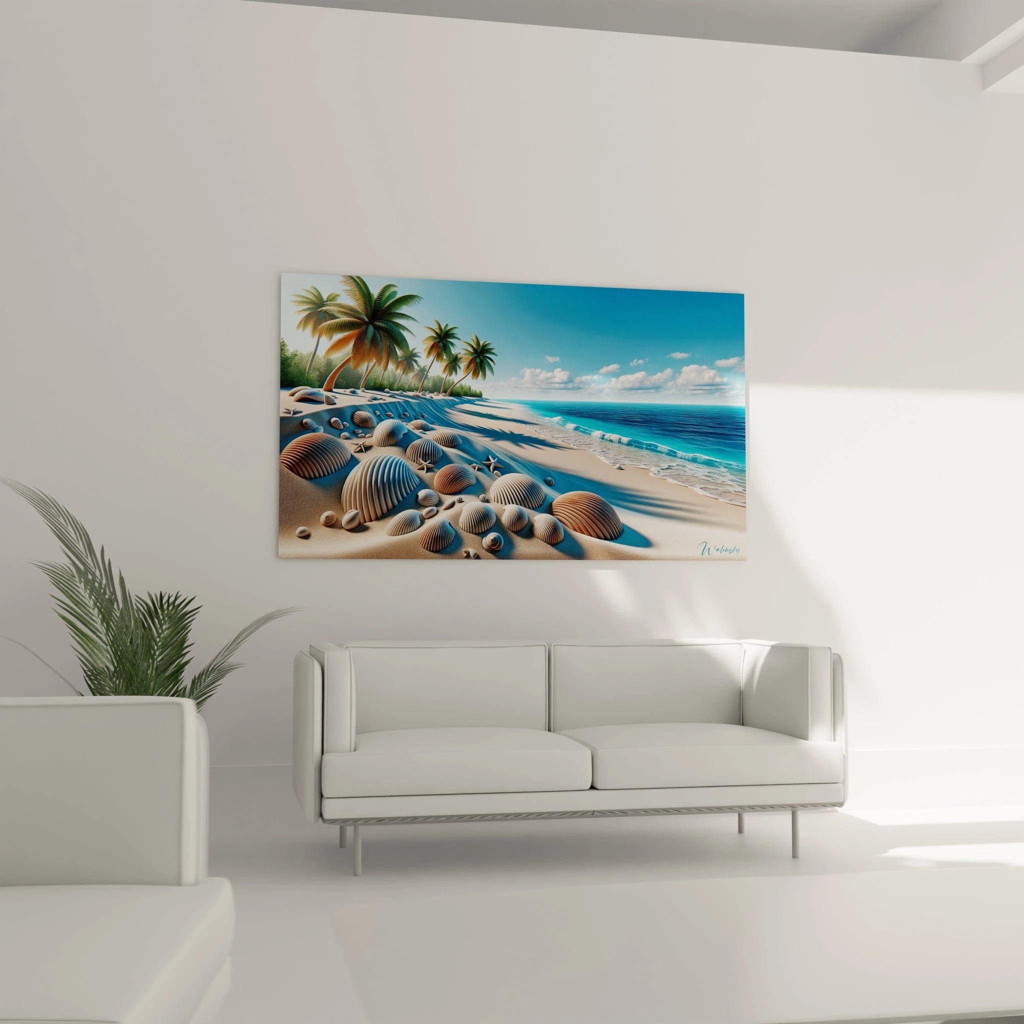 Tableau paysage mural de plage avec coquillages et palmiers aux couleurs vives, signé par Walensky
