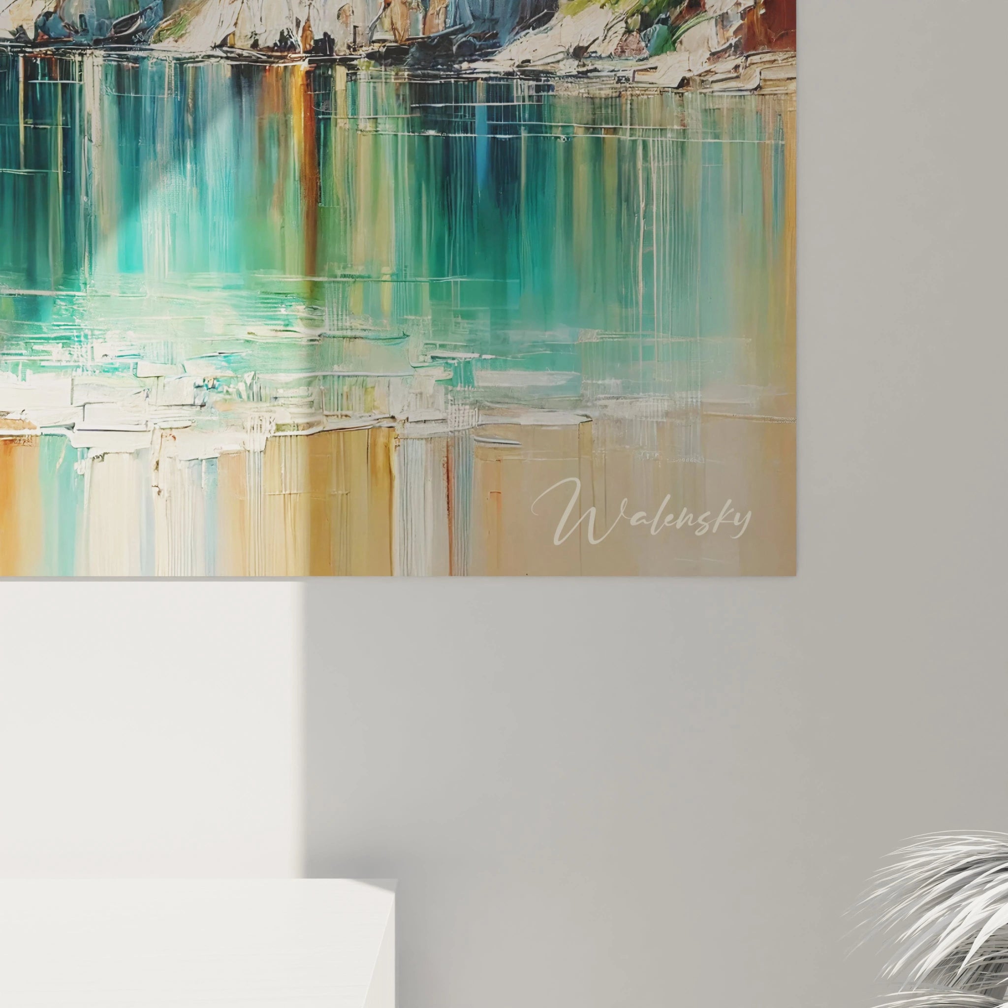 Admirez de près ce tableau Mer, où chaque coup de pinceau raconte une histoire. La texture et les couleurs capturent la majesté des falaises et la tranquillité de la mer.