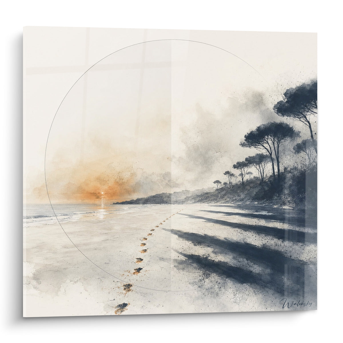 Tableau plage aquarelle, empreintes de pas bleu marine et orangé vers l'horizon lumineux