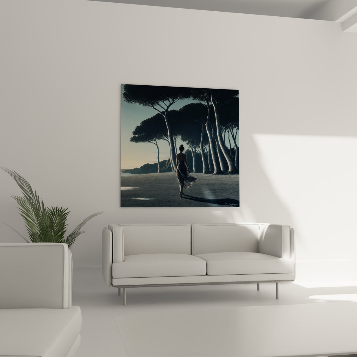 Femme de dos avançant vers l'horizon bleu pâle et doré, au-dessus d'un canapé dans un salon lumineux.