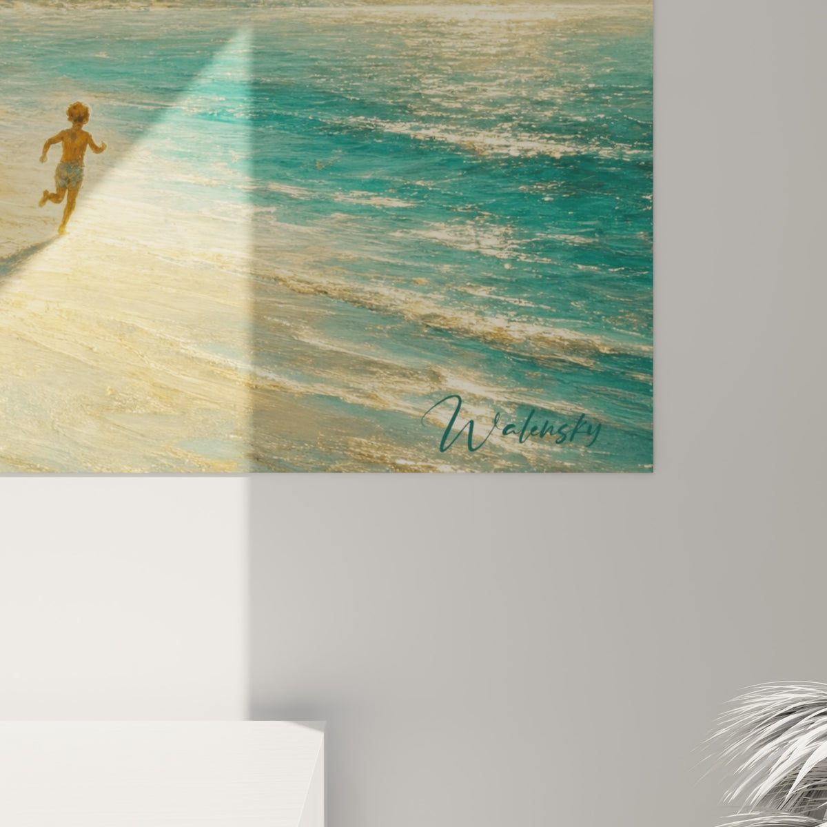 Empâtements dorés et coulures turquoise révélant la matière picturale de la dune et des vagues
