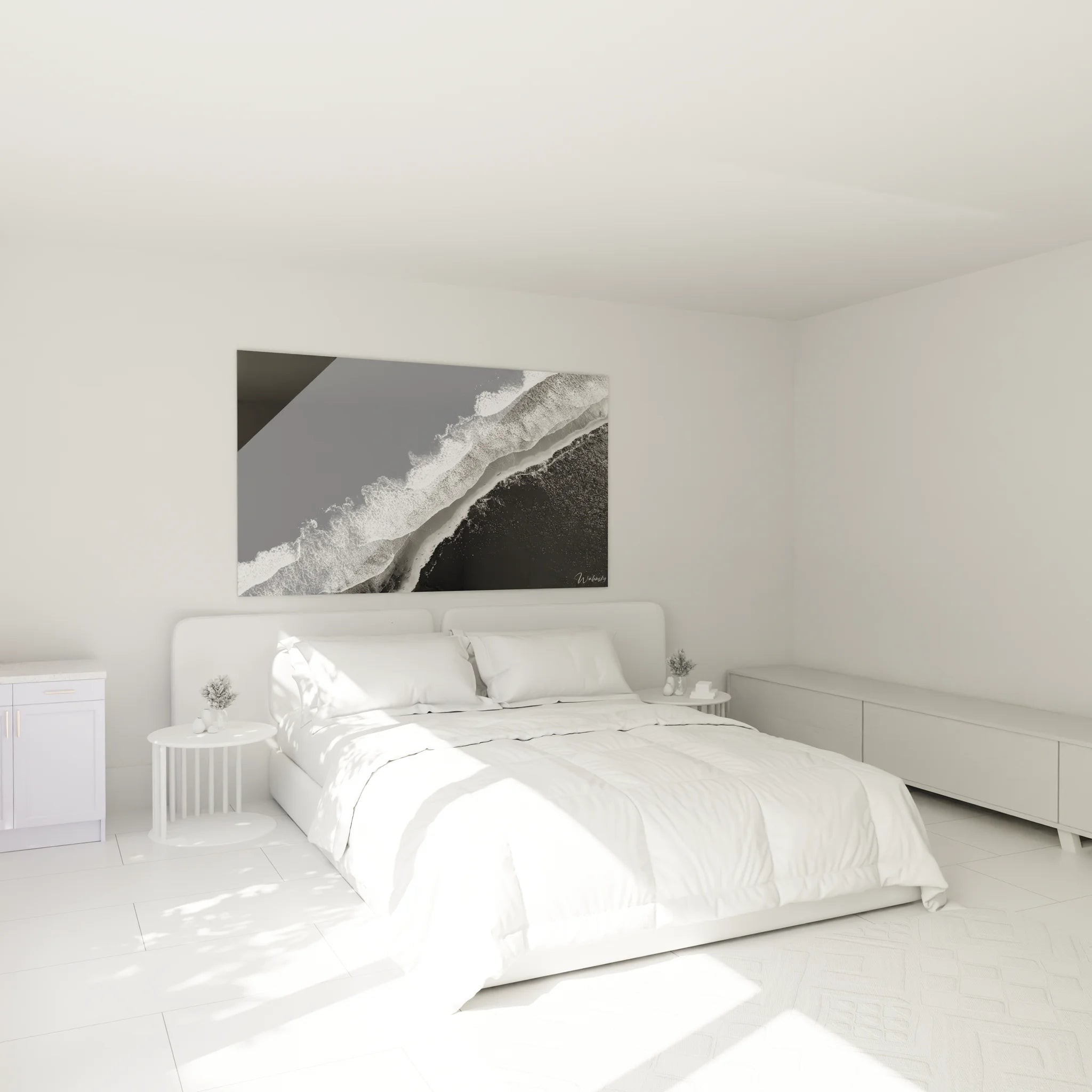 Tableau plage vue aérienne noir et blanc dans chambre moderne pour ambiance apaisante maritime