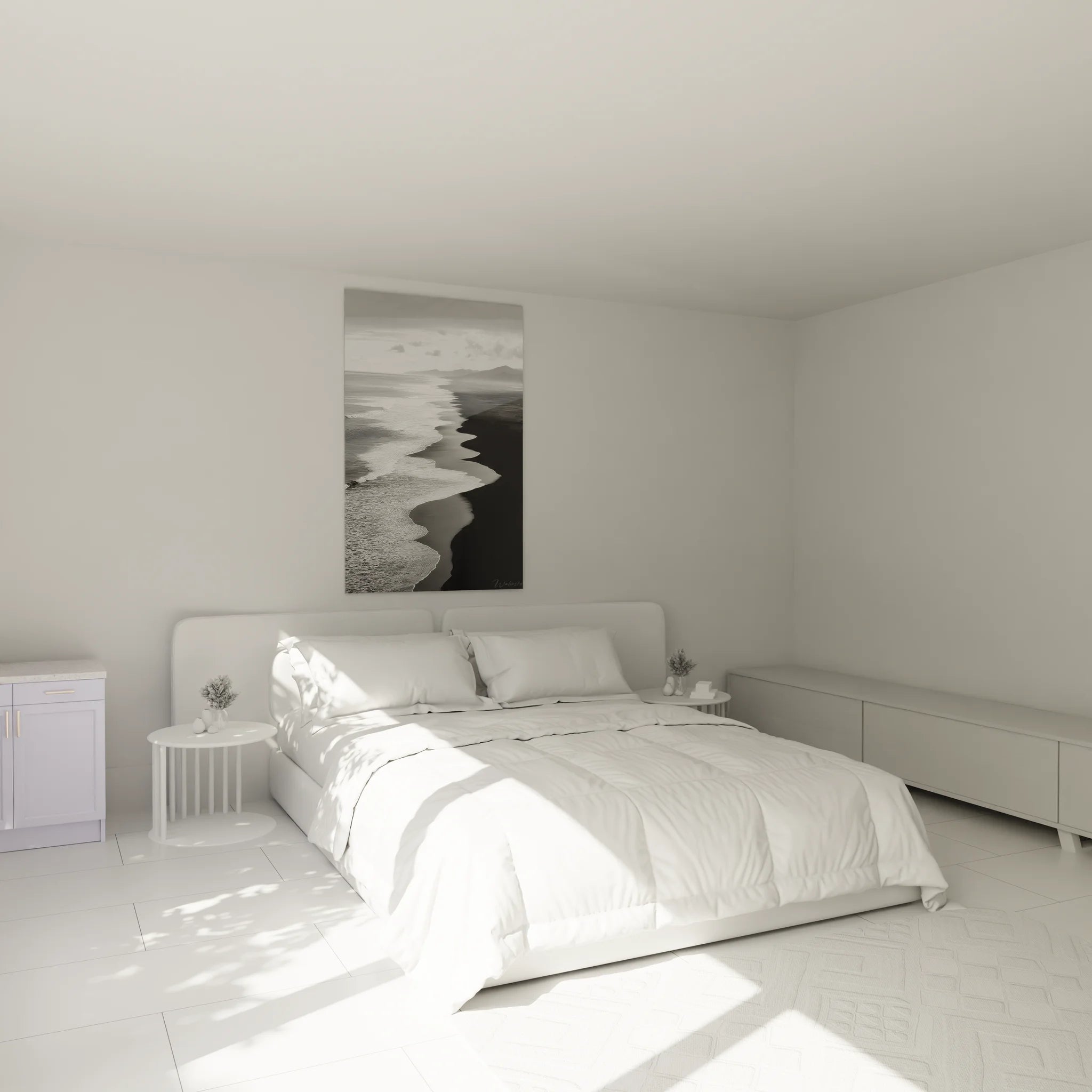 Ambiance chambre avec tableau plage océan noir et blanc vagues scintillantes décoration murale
