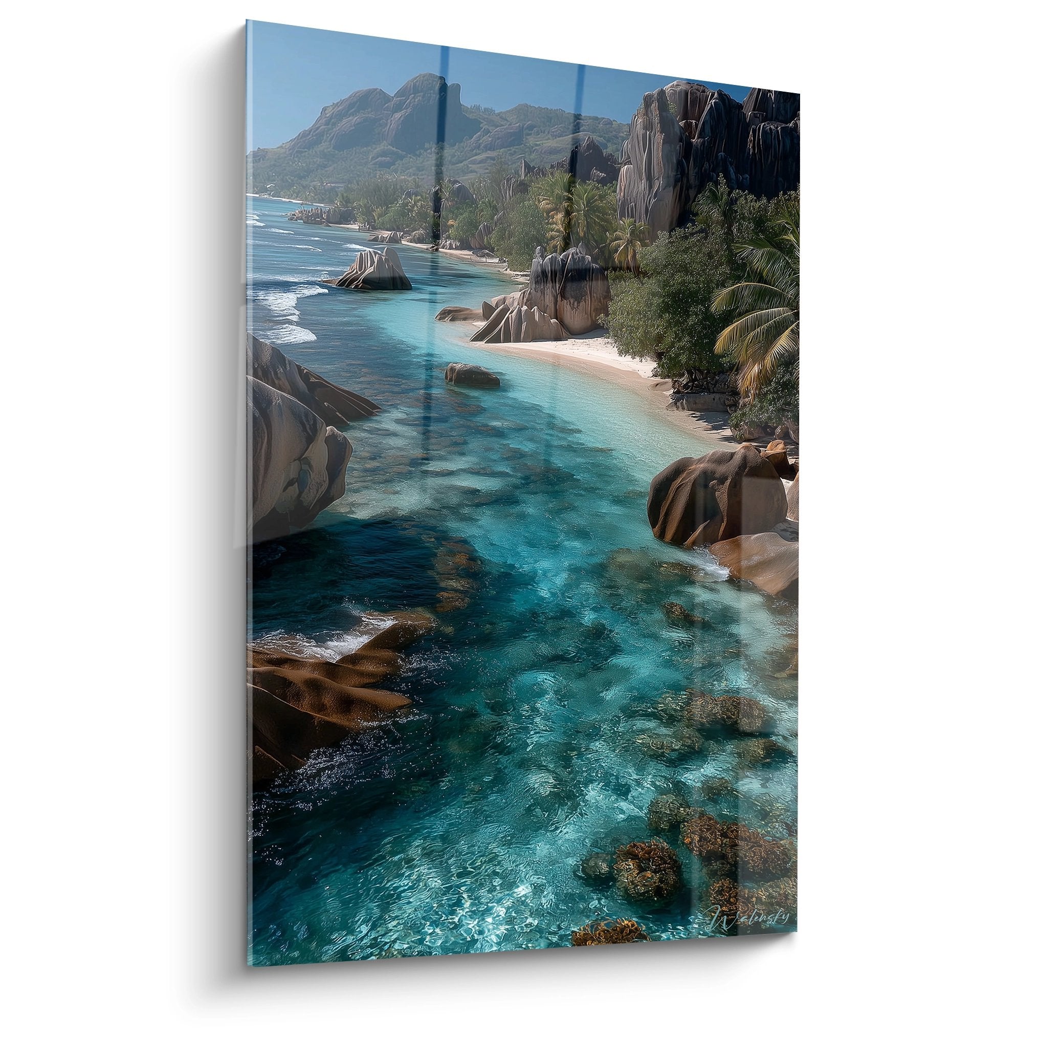 Tableau mural plage Seychelles avec rochers granitiques et eaux turquoise cristallines, décoration tropicale