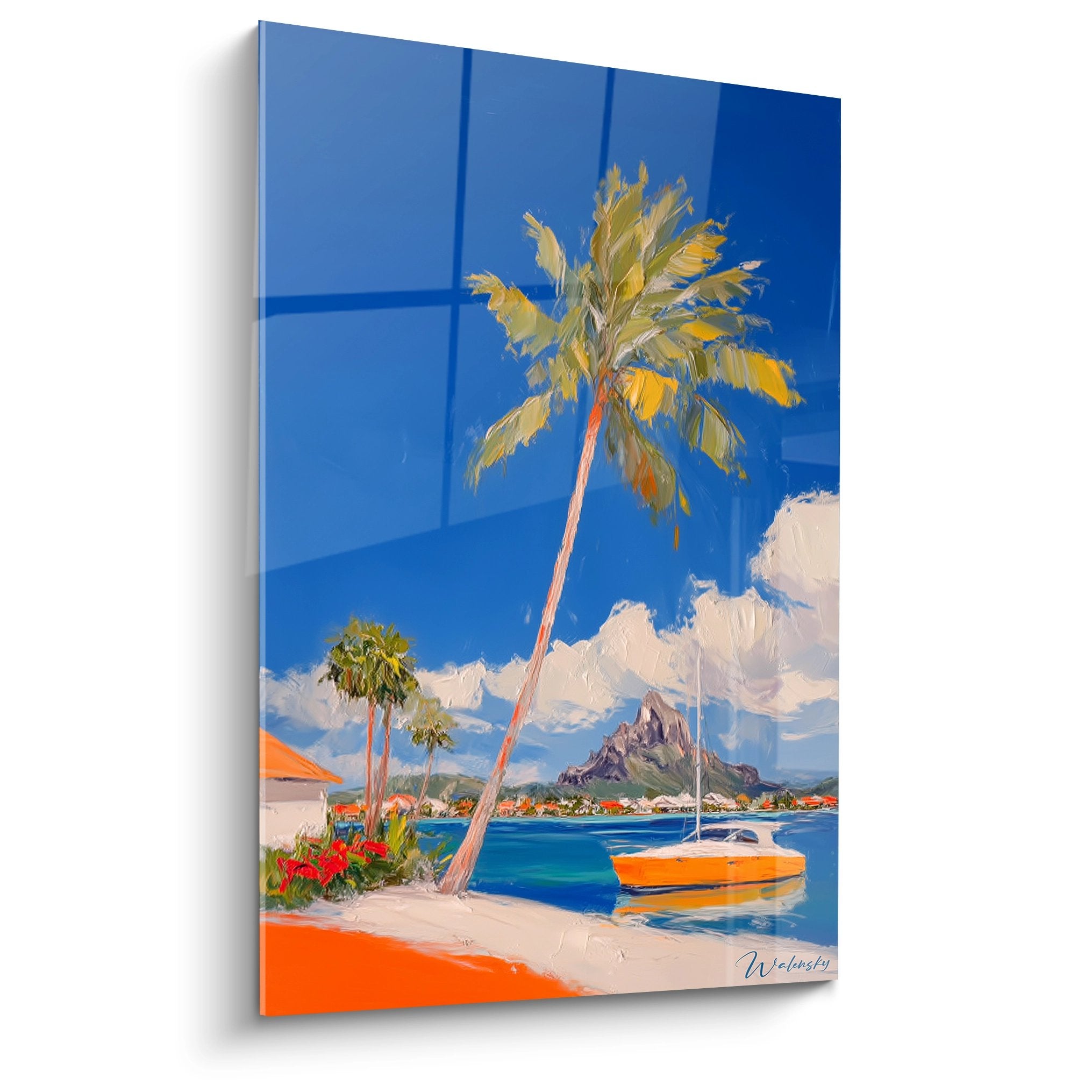 Tableau mural plage tropicale avec cocotier et bateau orange, paysage île paradisiaque art décoratif