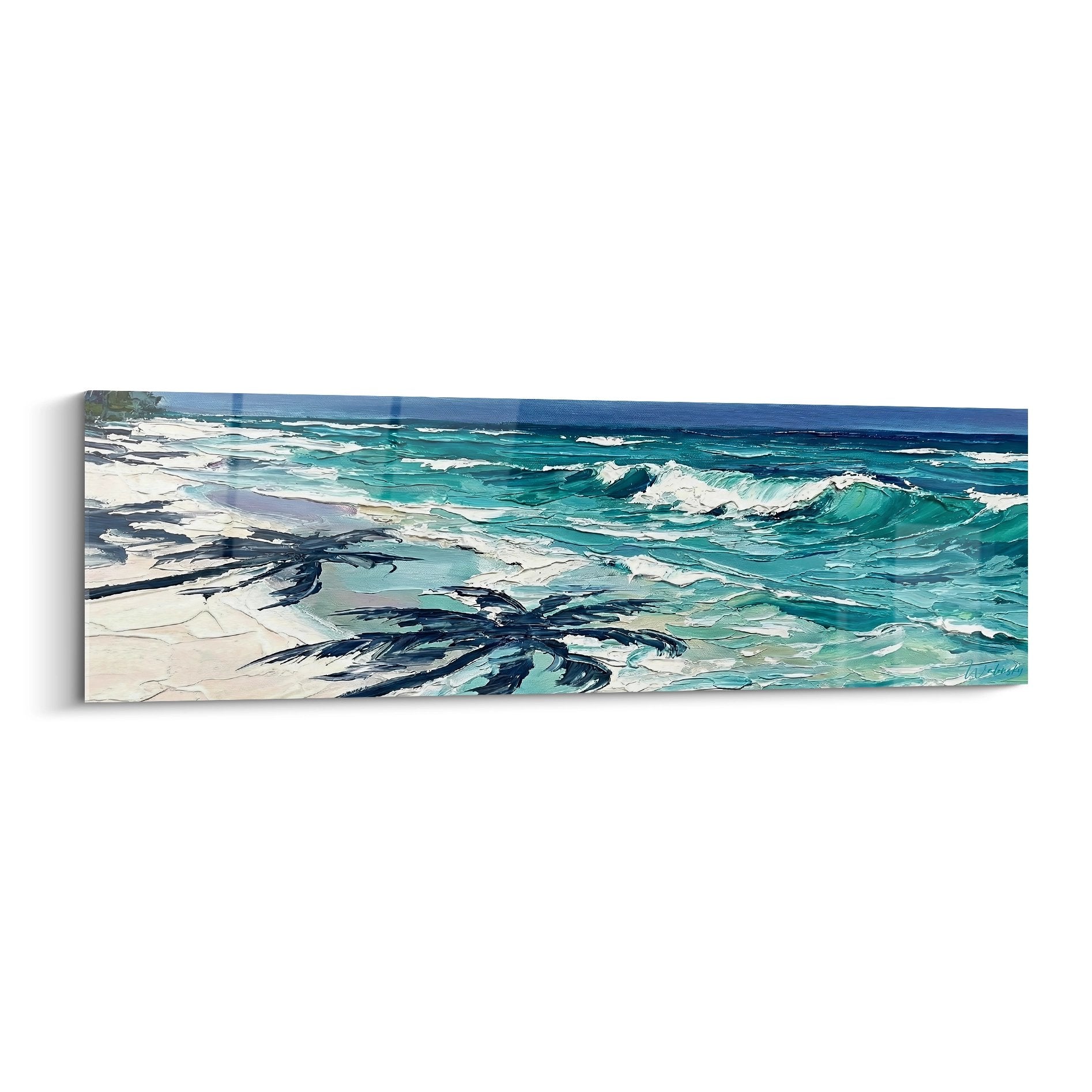 Tableau plage tropicale aux eaux turquoise et vagues emeraude style Bali decoration murale