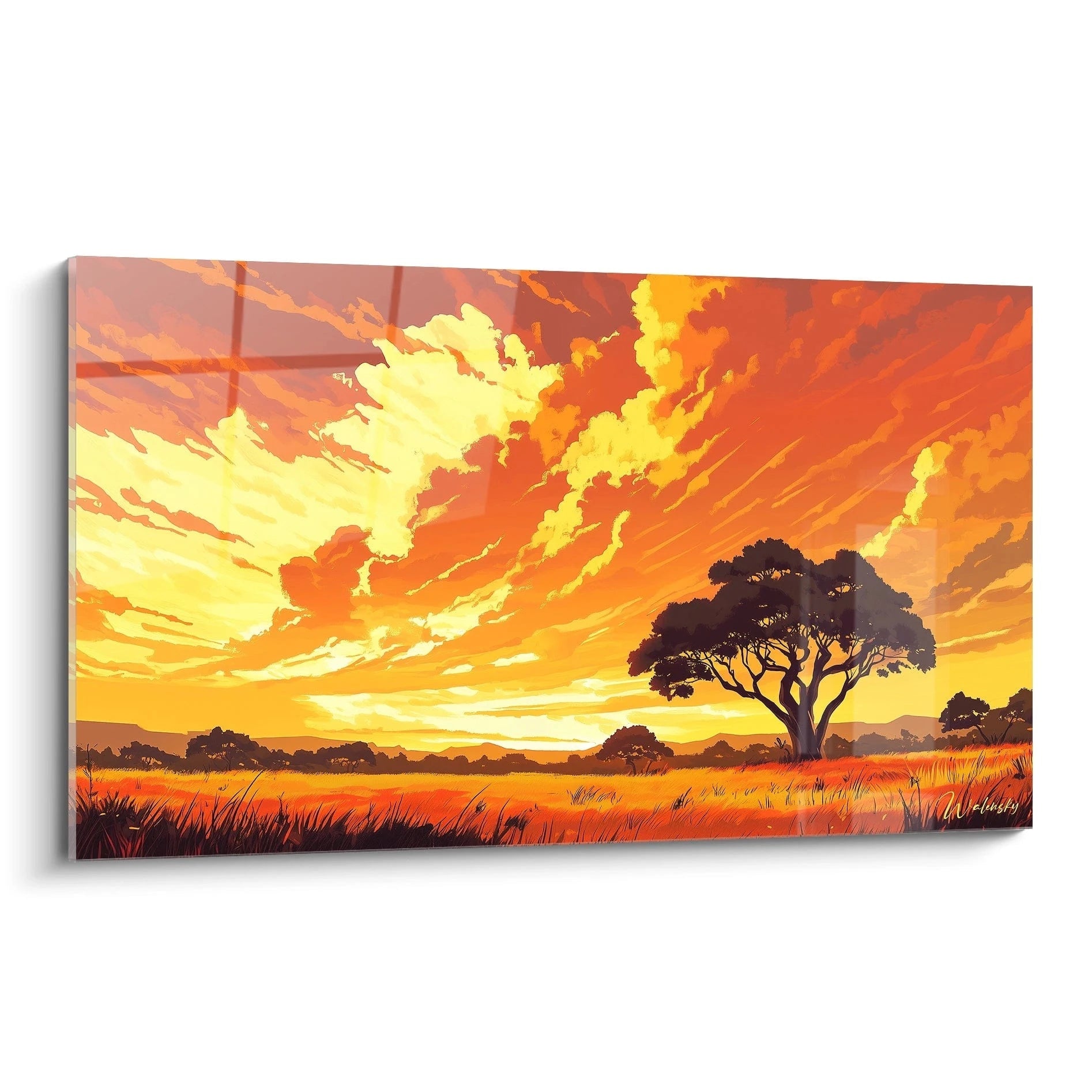 Un tableau savane coucher de soleil aux teintes oranges et jaunes vifs, dominé par un acacia silhouetté en noir, présentant des textures dynamiques et des contrastes saisissants entre le ciel embrasé et la plaine herbeuse.