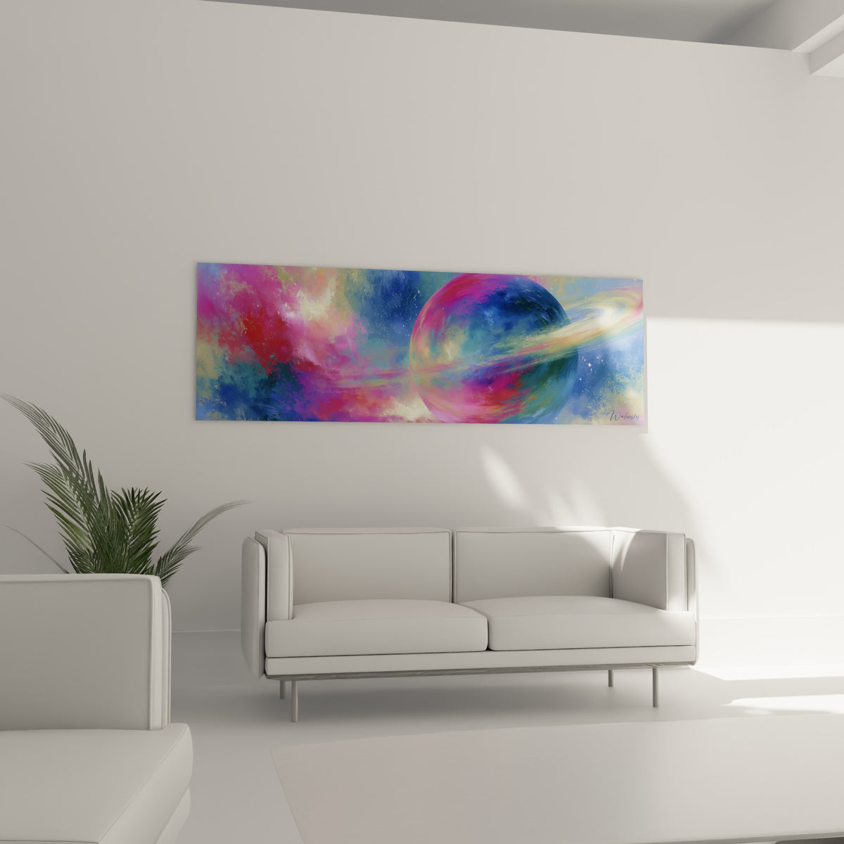 Astre violet et fuchsia traversé d'une bande dorée lumineuse, au-dessus d'un canapé dans un salon lumineux
