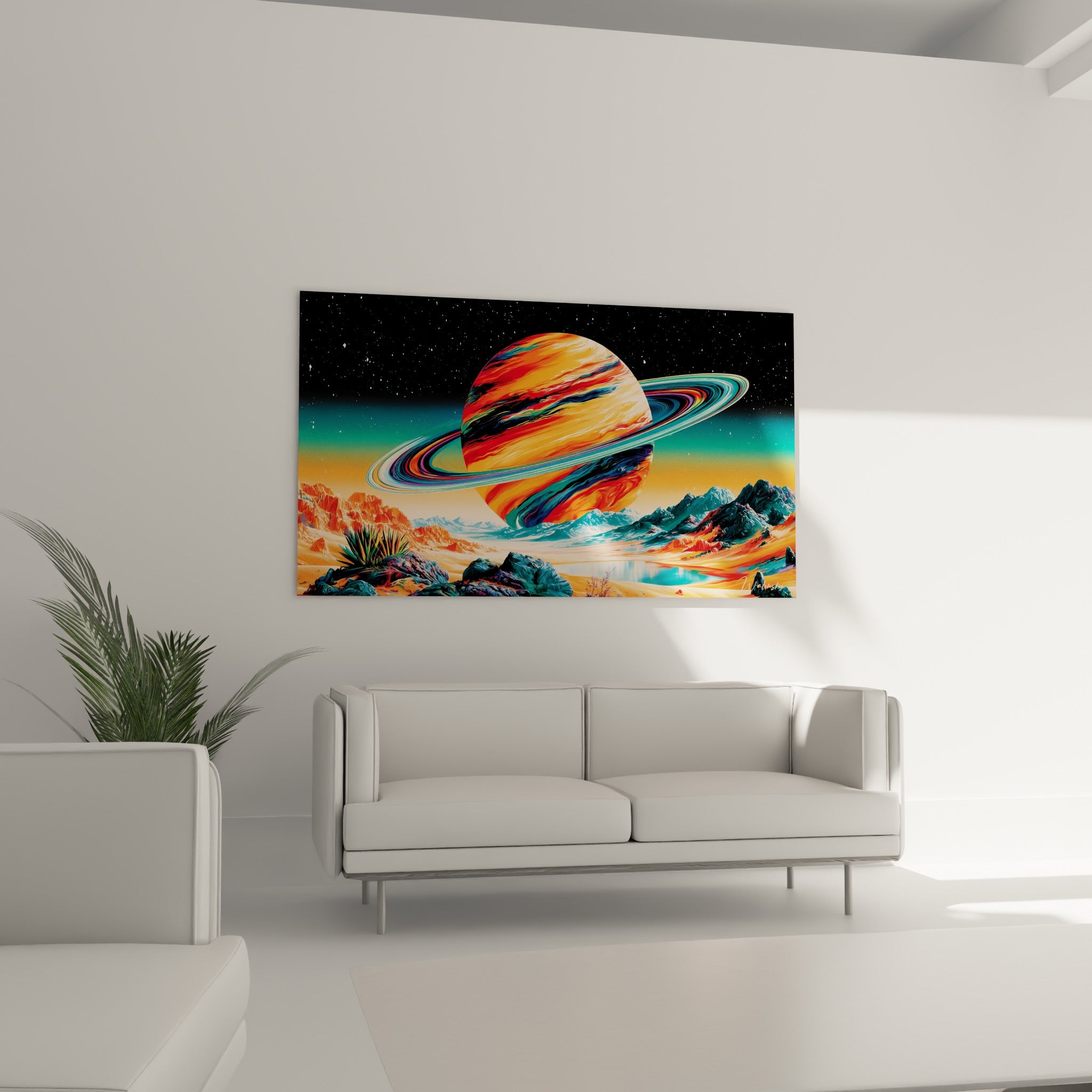 Astre orangé cerné d'anneaux bleu marine et turquoise, au-dessus d'un canapé dans un salon lumineux