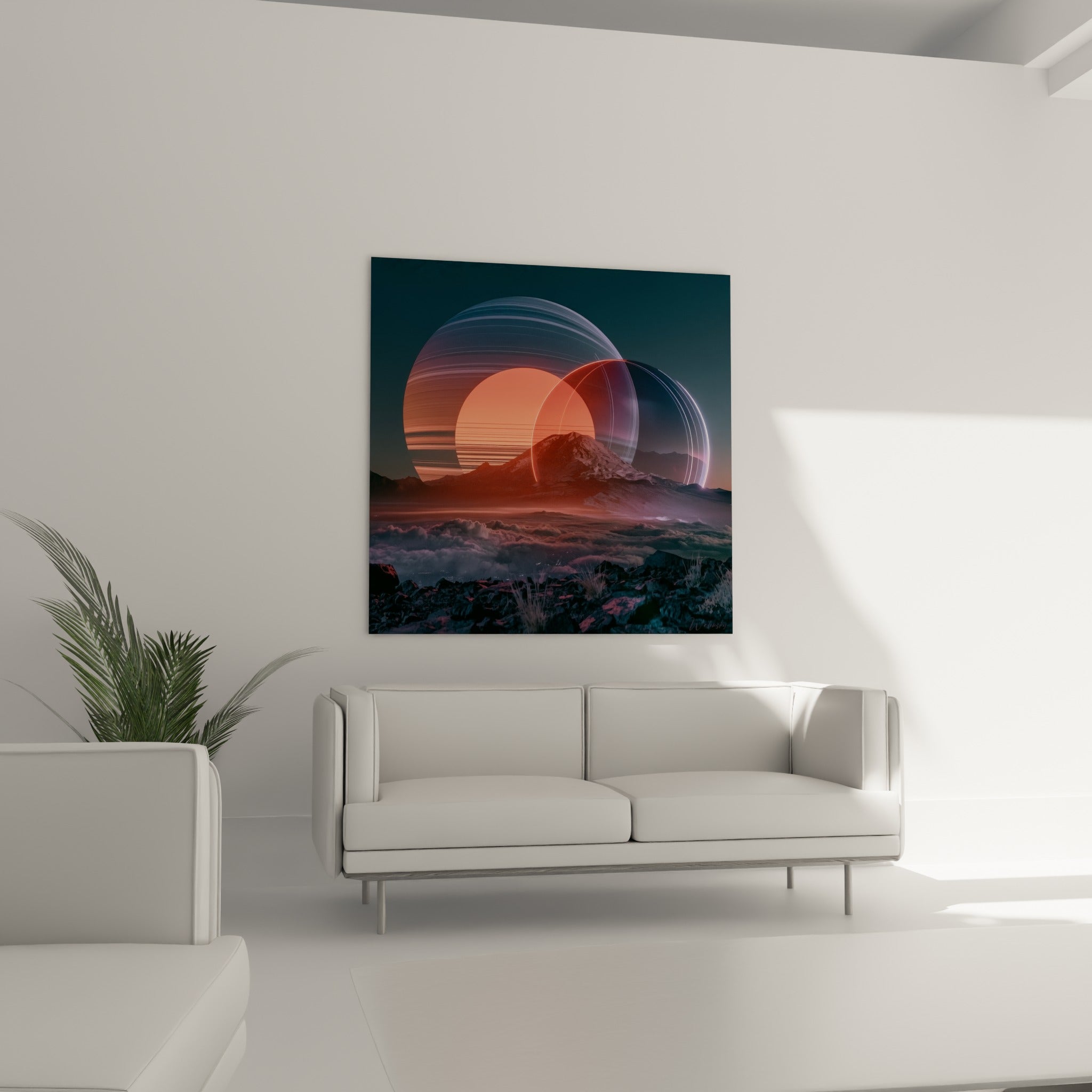 Astre orange cerclé de bleu marine de la Planète, au-dessus d'un canapé dans un salon lumineux