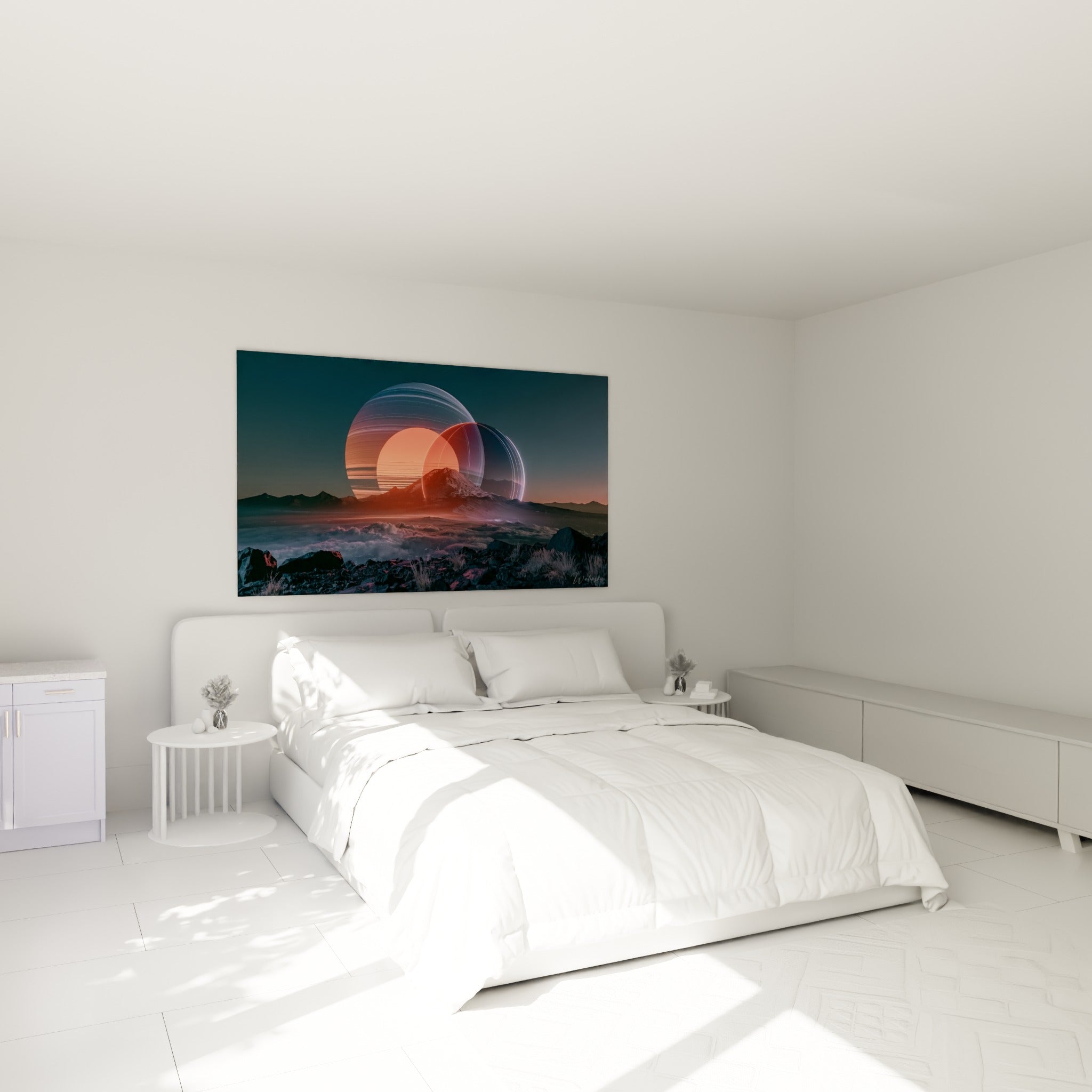 Sphères planétaires orangées et bleu marine dominant les montagnes, accrochées au-dessus d'un lit dans une chambre claire.