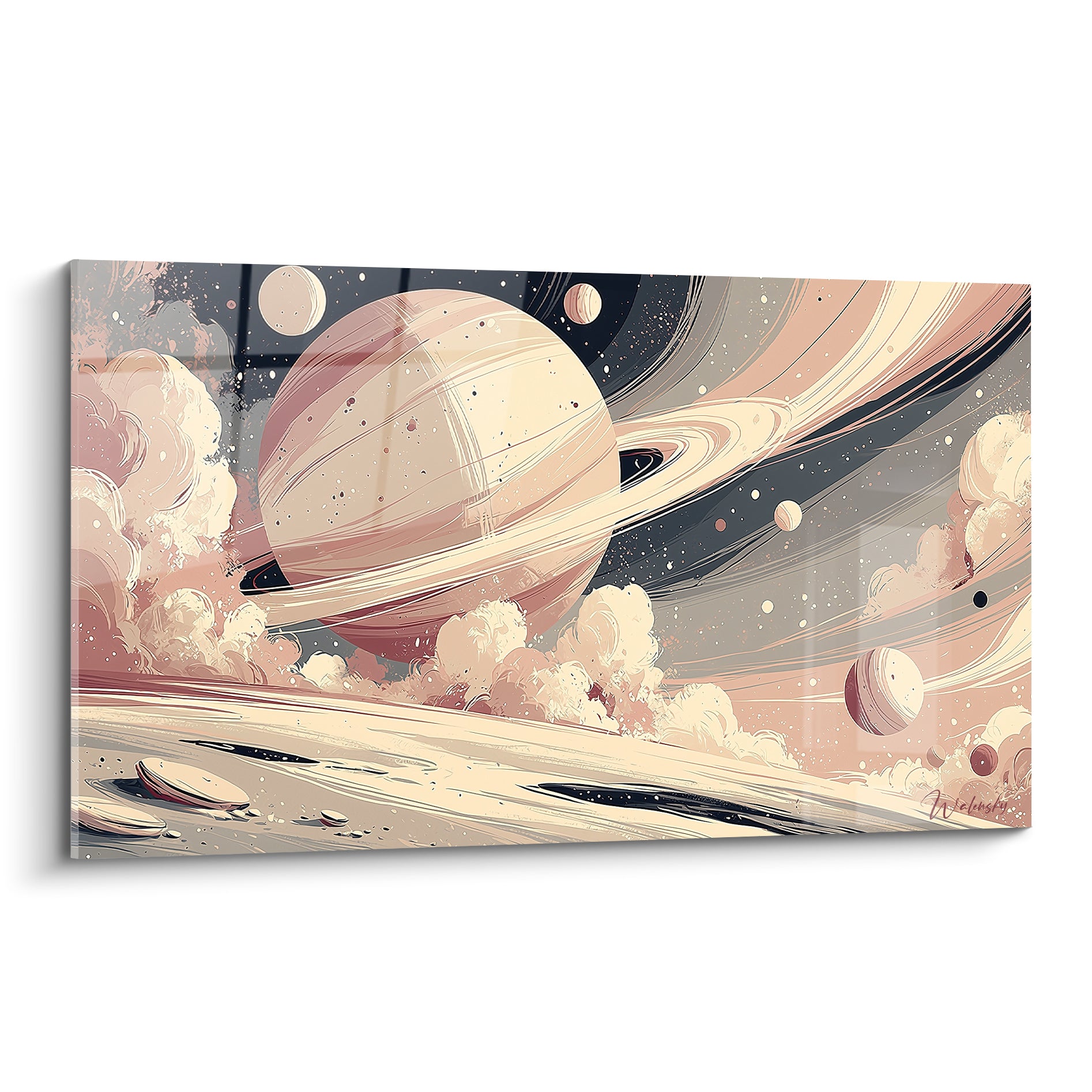 Planète aux anneaux rose poudré et beige entourée de nuages cosmiques et d'étoiles anthracite