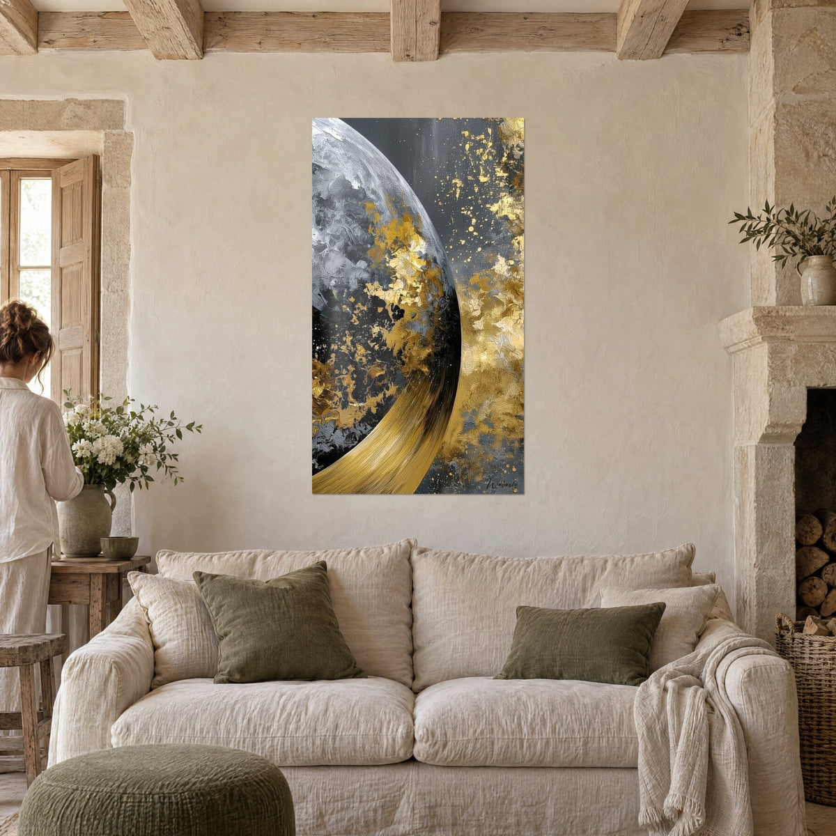 Wall art silver sphere striped in gold and black, shimmering cosmic trail, above a sofa in a bright living room