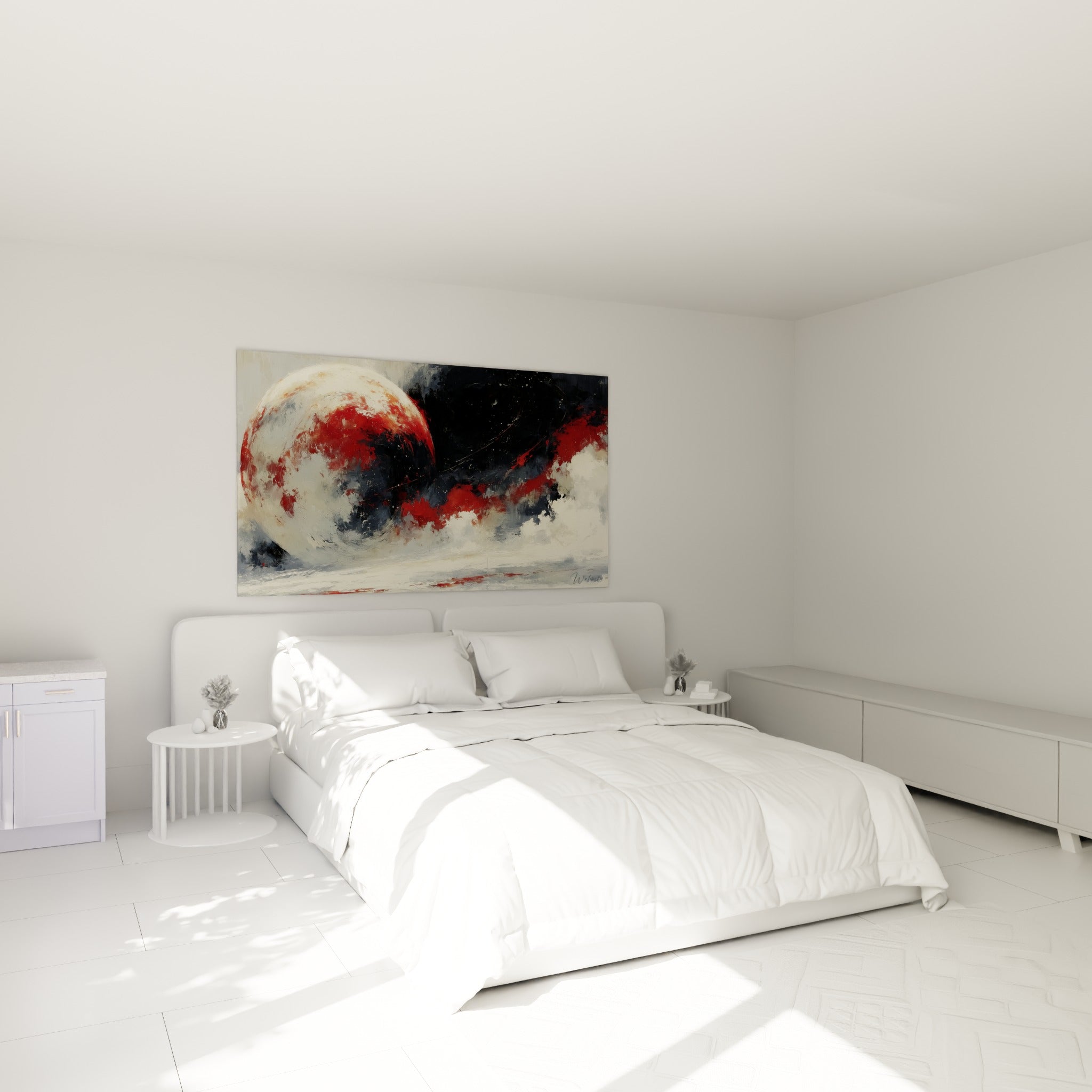 Astre rouge sourd et blanc nacré traversé d'une traînée cométaire, au-dessus d'un lit dans une chambre claire