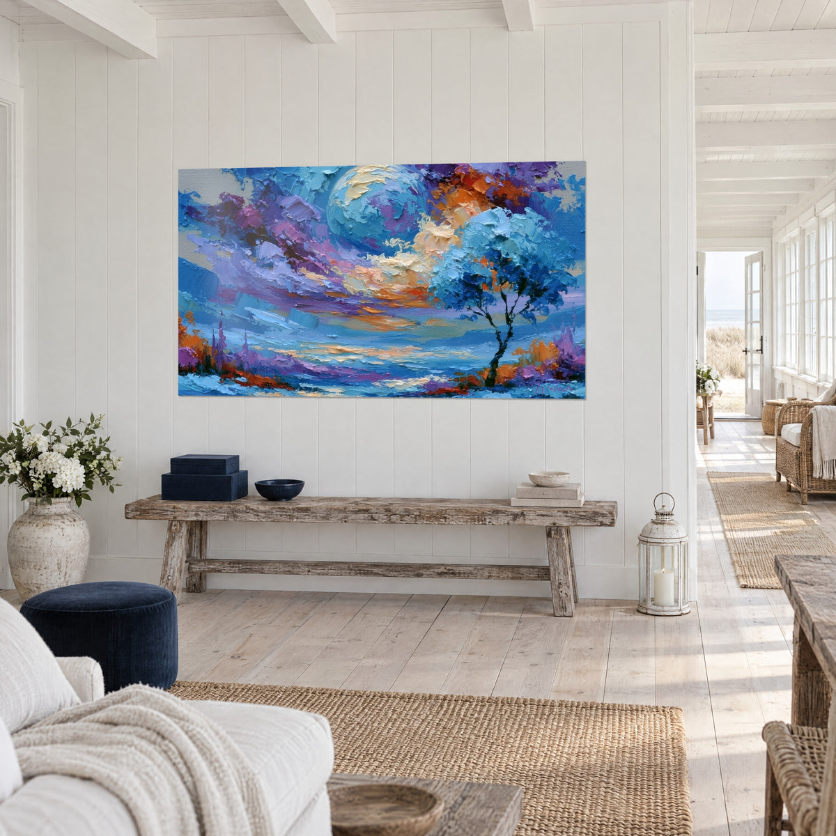 Gemälde türkisfarbener Mond in pastoser Spachteltechnik, violette und orangefarbene Wolken, Baum mit blauen Blättern, rustikale Bank, Haus am Meer