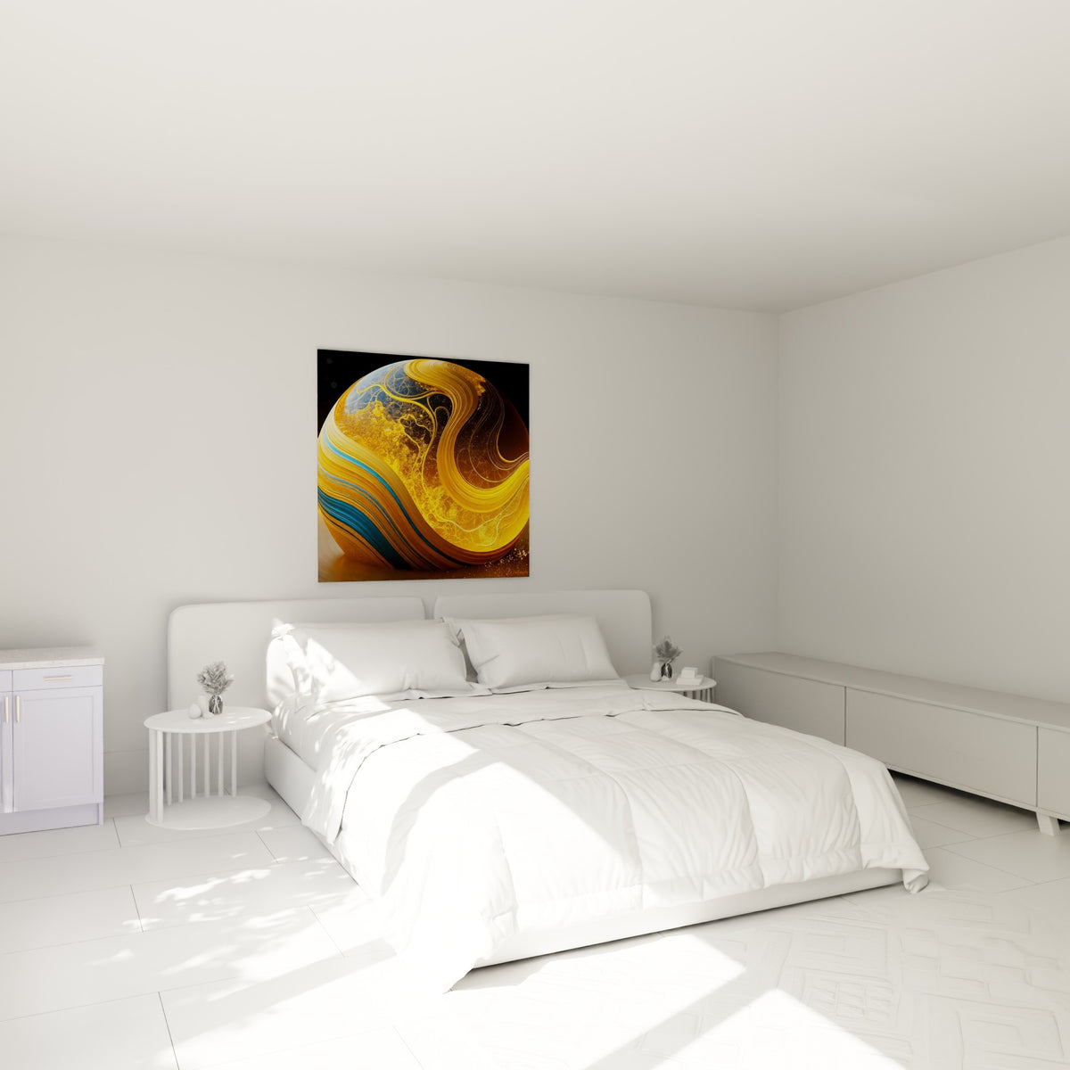 Astre Planète doré aux reflets turquoise placé au-dessus d'un lit dans une chambre claire