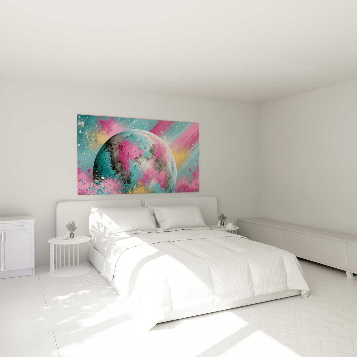Astre coloré aux teintes turquoise et rose fauve, accroché au-dessus d'un lit dans une chambre claire