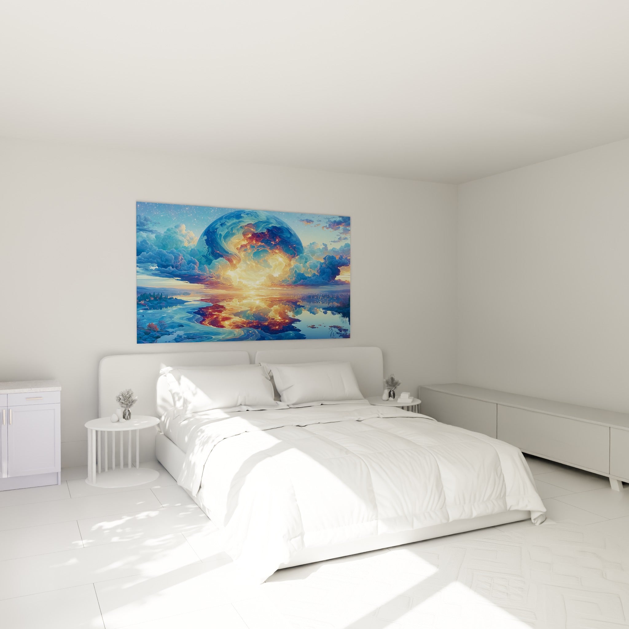 Astre cosmique bleu et doré aux nuages tourmentés, accroché au-dessus d'un lit dans une chambre claire
