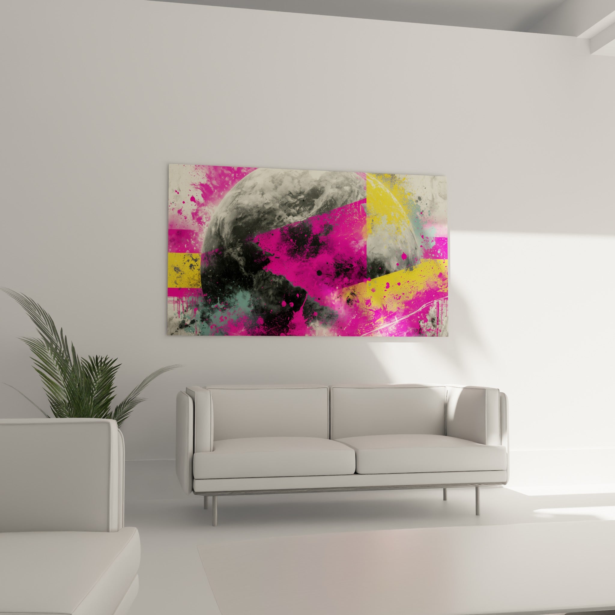 Astre gris strié d'éclaboussures roses et jaunes, au-dessus d'un canapé dans un salon lumineux