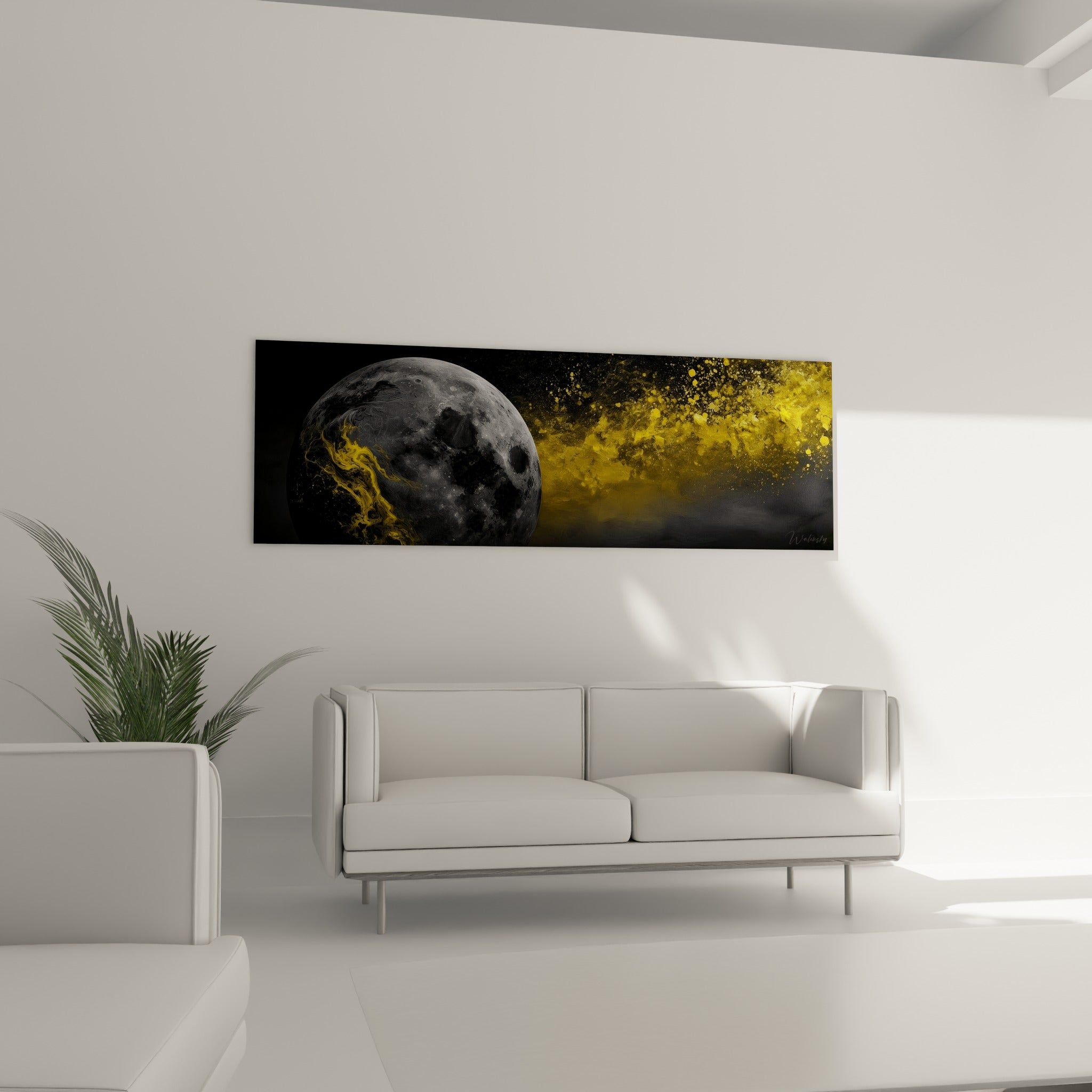 Surface lunaire anthracite éclaboussée de jaune vif au-dessus d'un canapé dans un salon lumineux