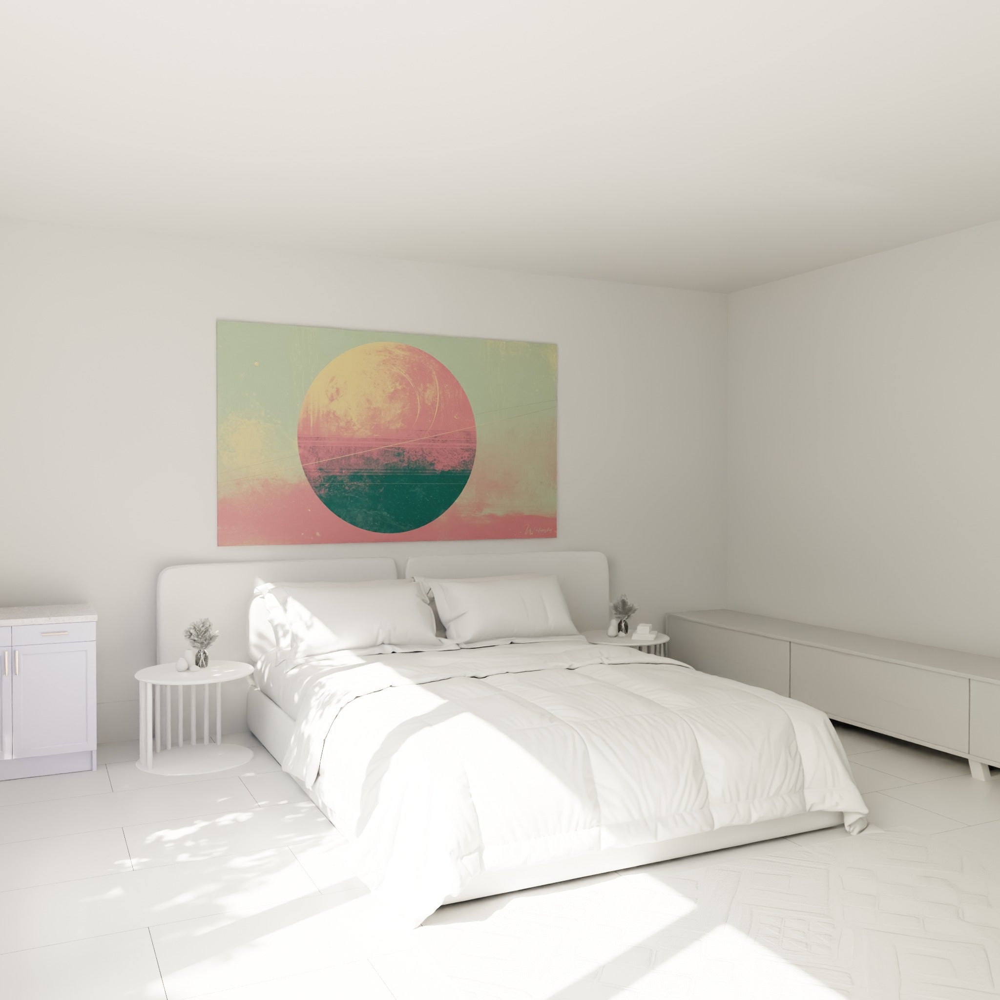 Astre Planète aux teintes ocre et rose accroché au-dessus d'un lit dans une chambre claire