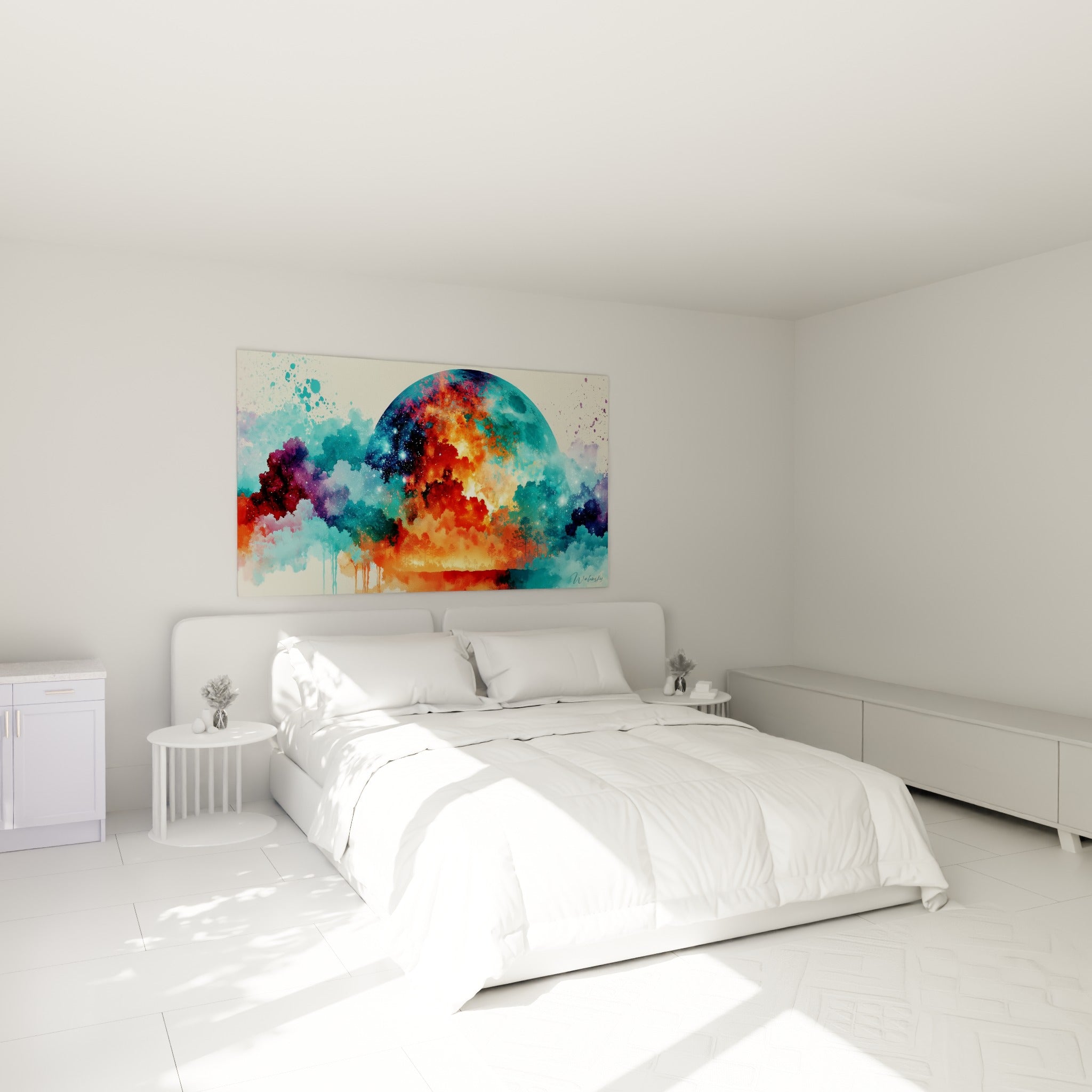 Astre embrasé rouge fauve et bleu nuit accroché au-dessus d'un lit dans une chambre claire