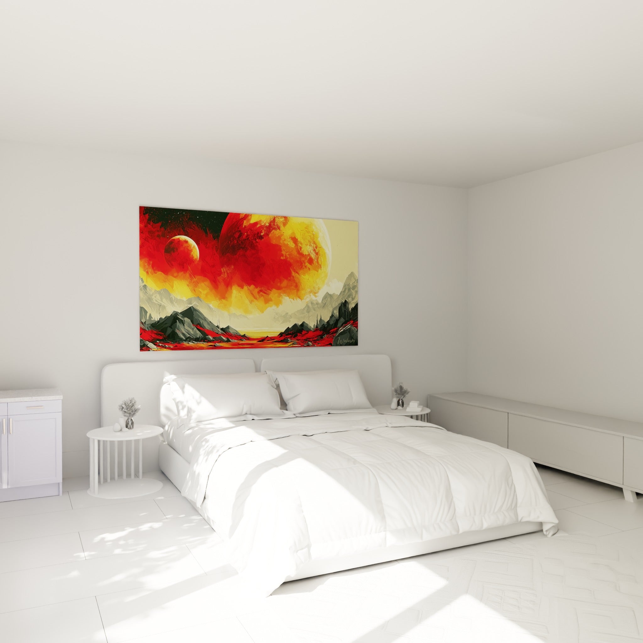 Astre terracotta et doré illuminant un paysage rocheux, accroché au-dessus d'un lit dans une chambre claire