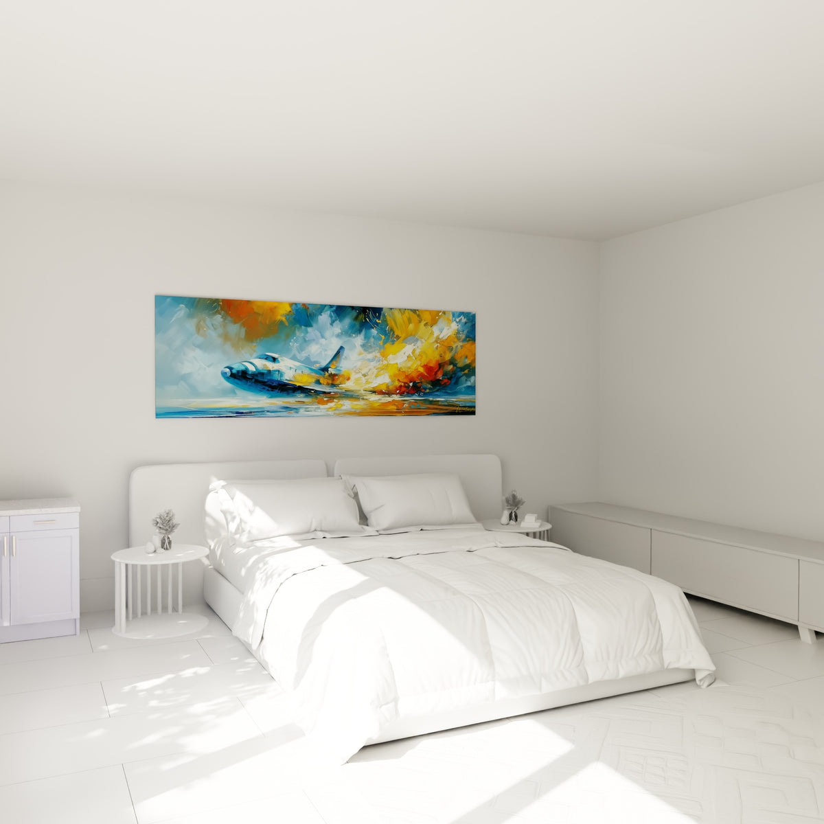 Appareil bleu pastel embrasé d'ocre et de rouge, tableau Planète au-dessus d'un lit dans une chambre claire