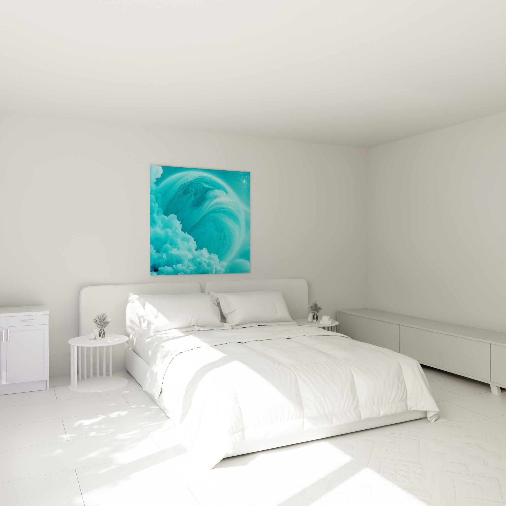 Sphère céleste turquoise et nuages veloutés bleu pastel accrochée au-dessus d'un lit dans une chambre claire