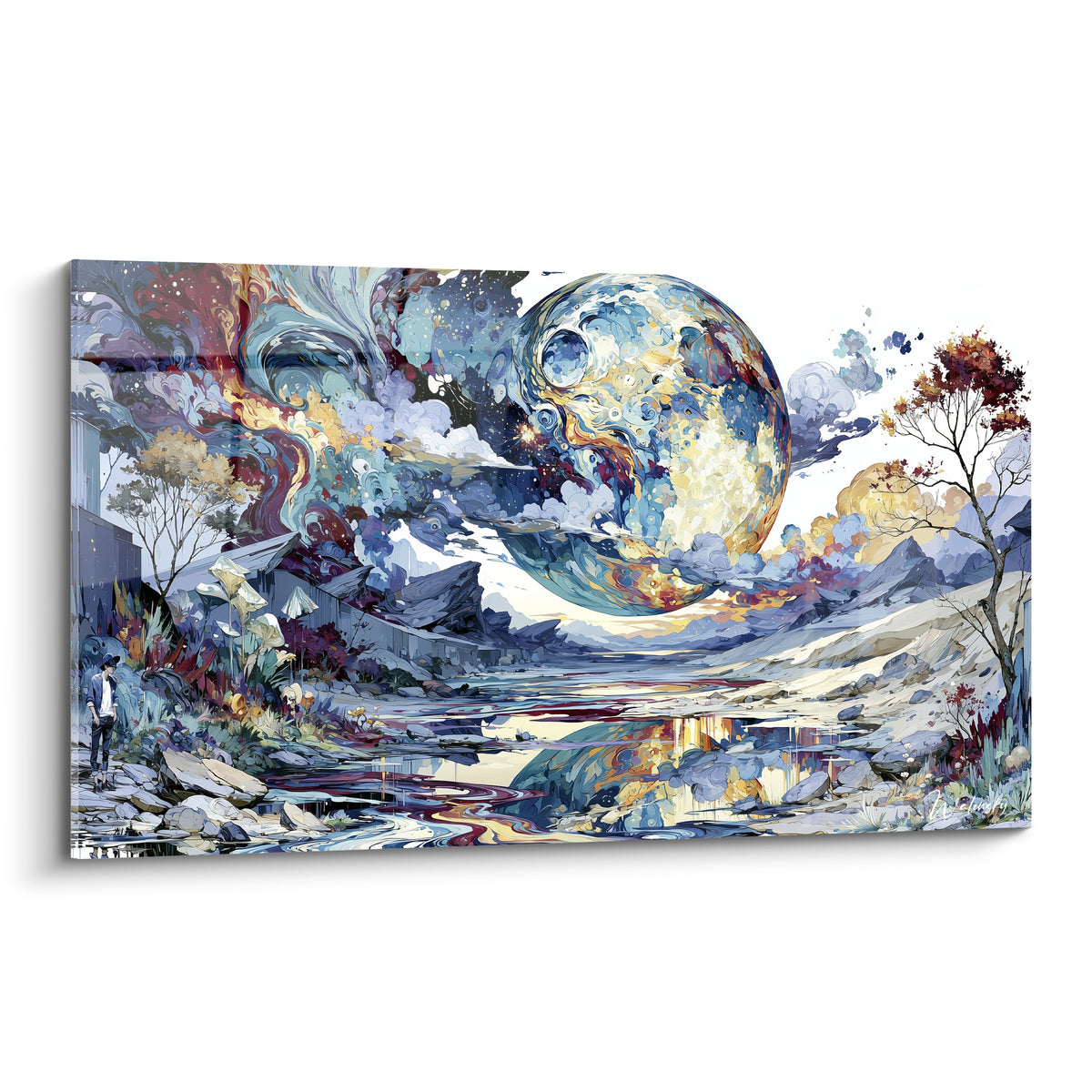 Planète bleu marine et doré surplombant une vallée pourpre, style pictural fluide et lumineux