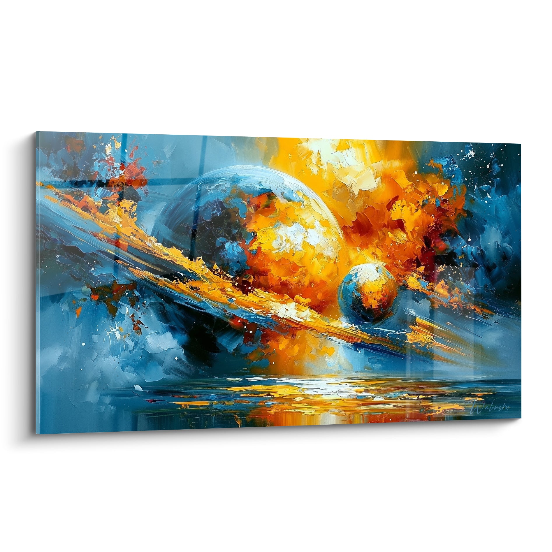 Planète bleu marine et dorée en fusion, empâtements épais orange et jaune sur toile cosmique
