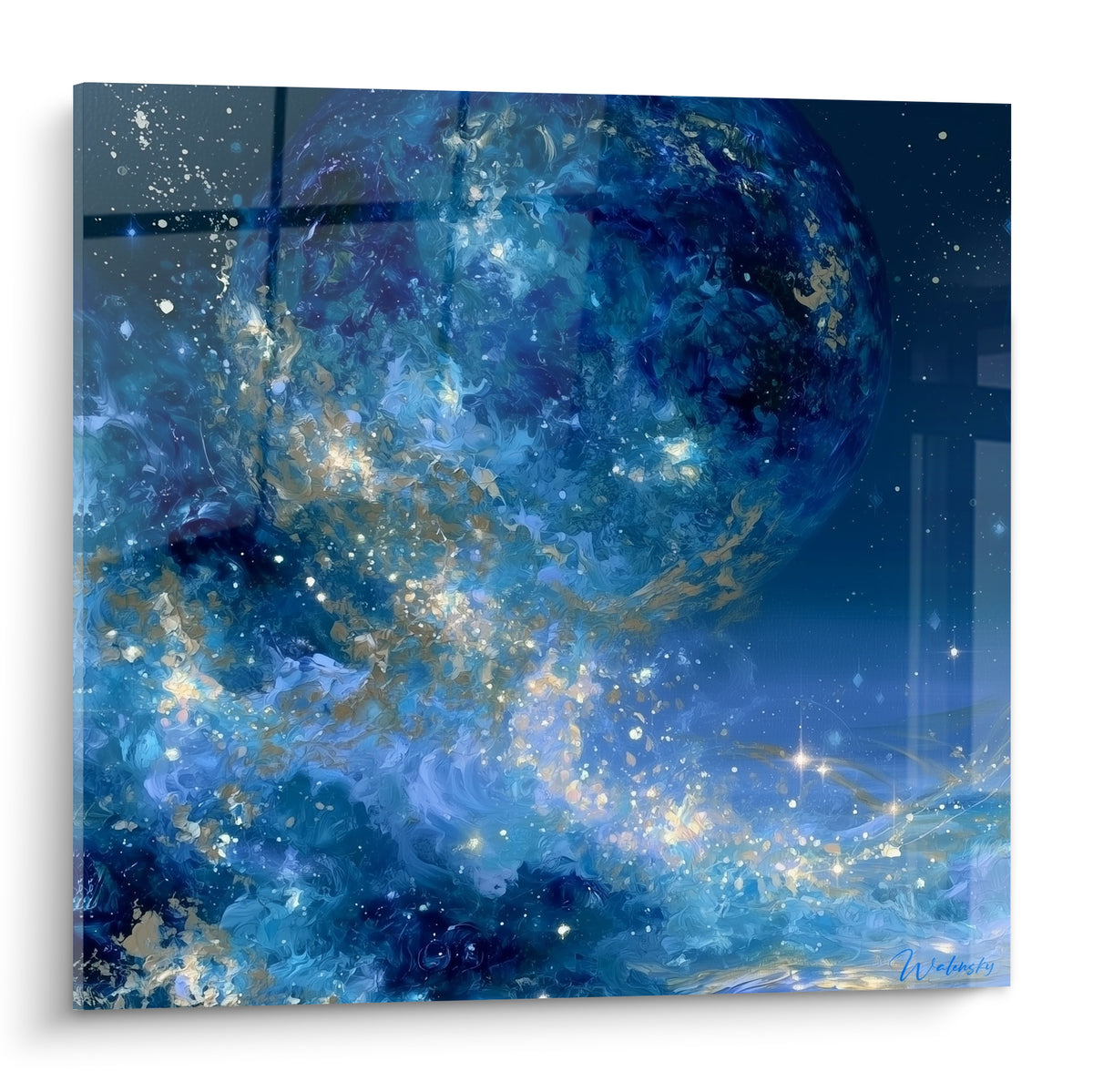 Planète bleu marine et dorée entourée d'une nébuleuse étoilée sur toile texturée lumineuse