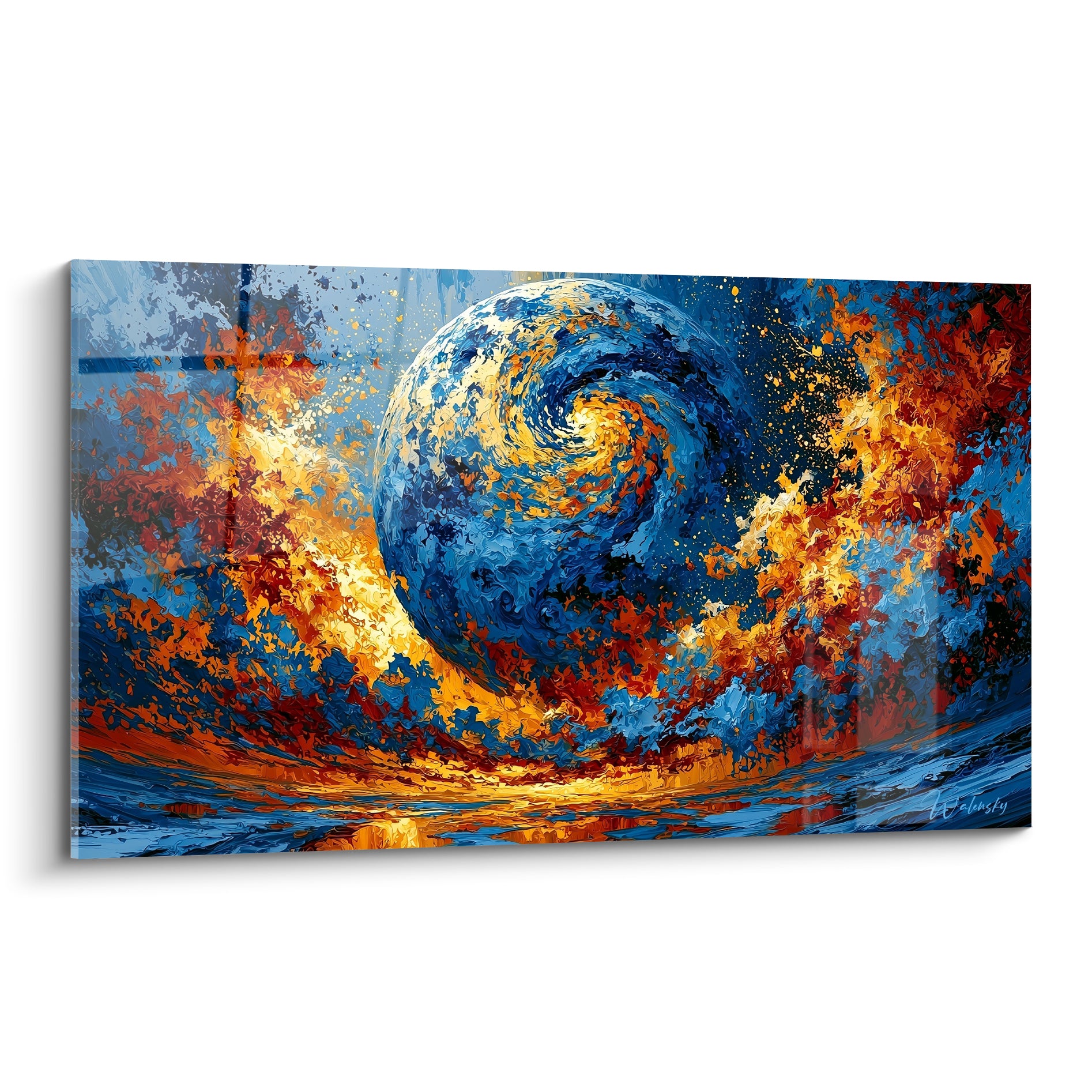 Planète bleu marine en spirale traversée d'orange incandescent et de doré, style peinture au couteau