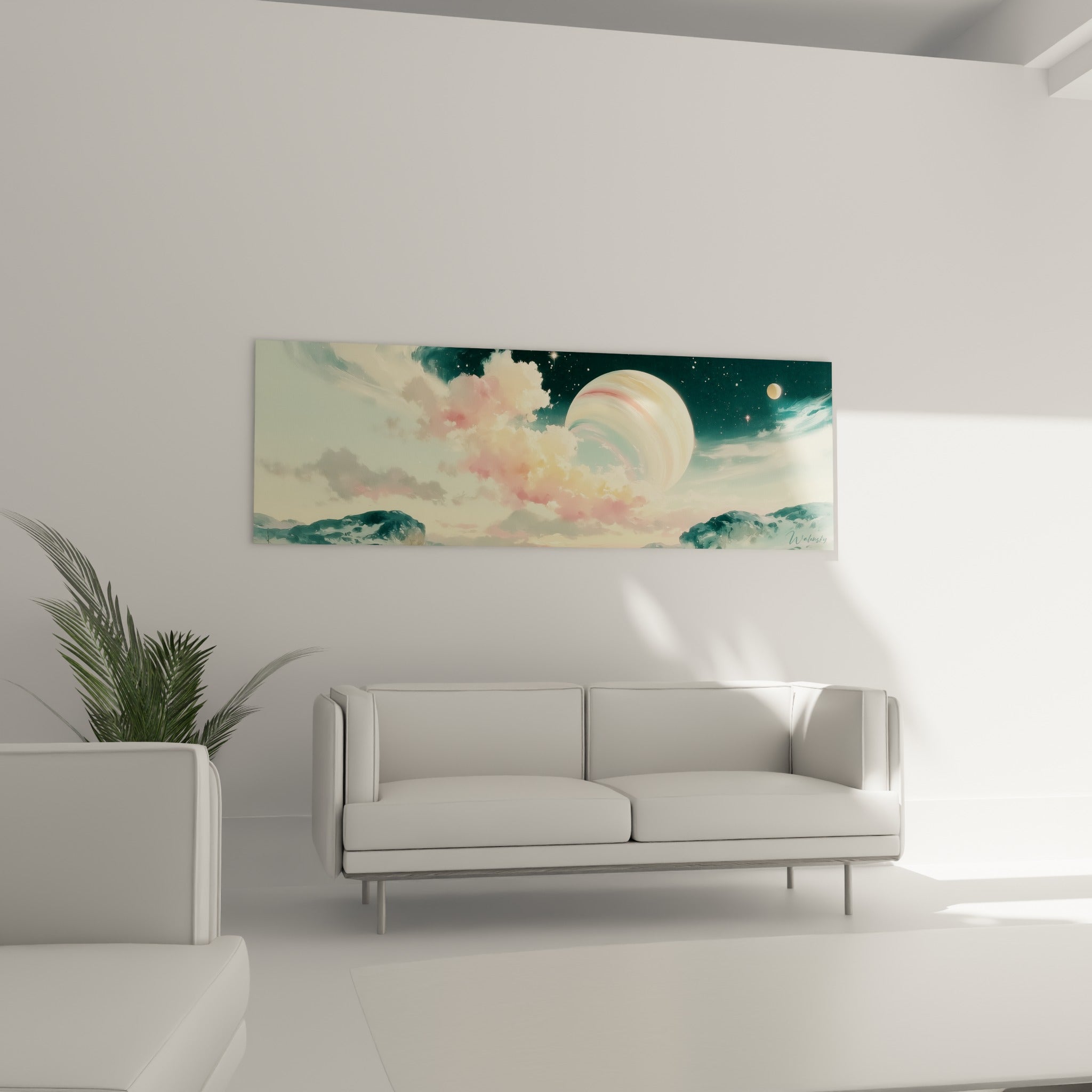 Sphère crème striée de rose flottant entre nuages et étoiles, disposée au-dessus d'un canapé dans un salon lumineux.
