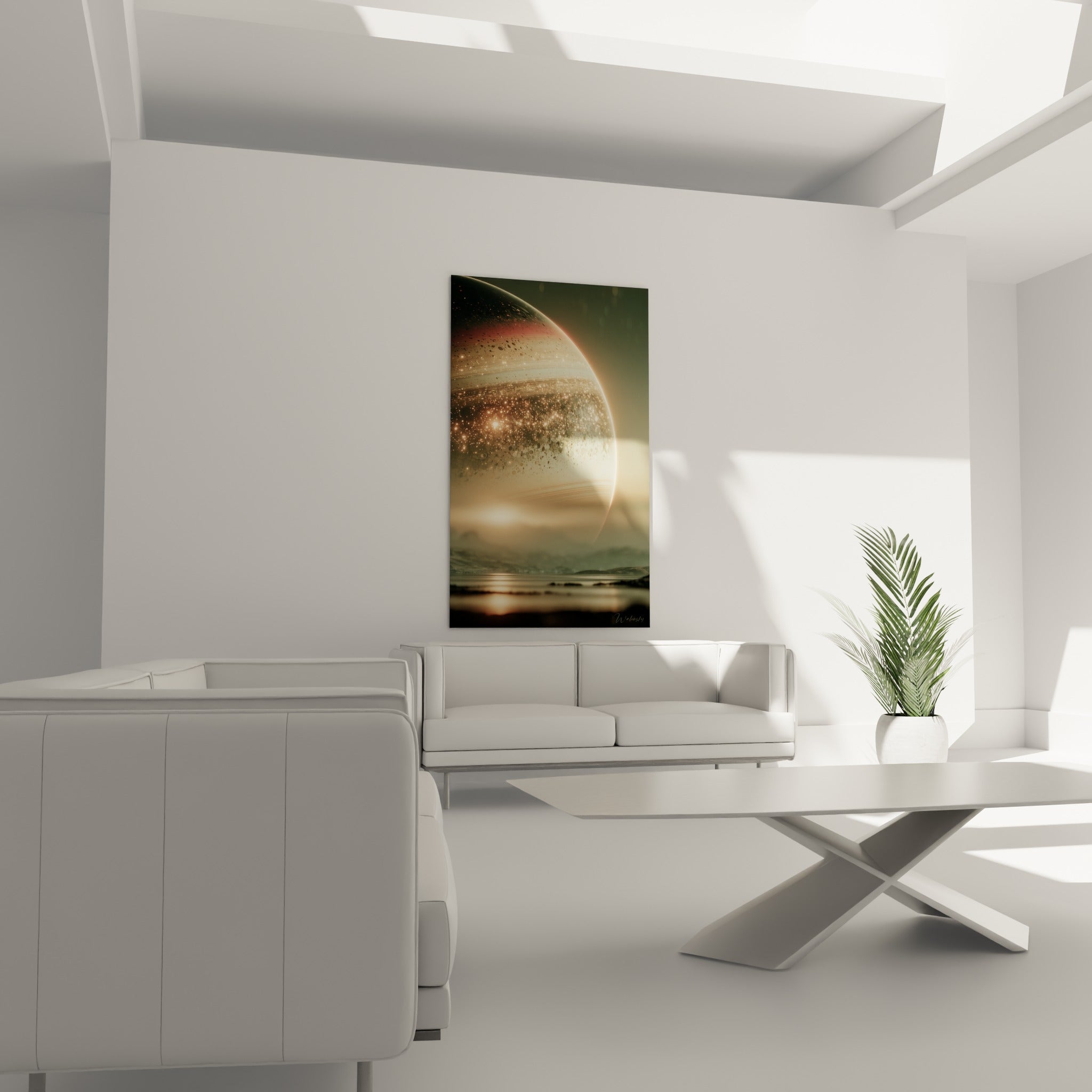 Sphère céleste beige et bronze parsemée de points brillants, au-dessus d'un canapé dans un salon lumineux