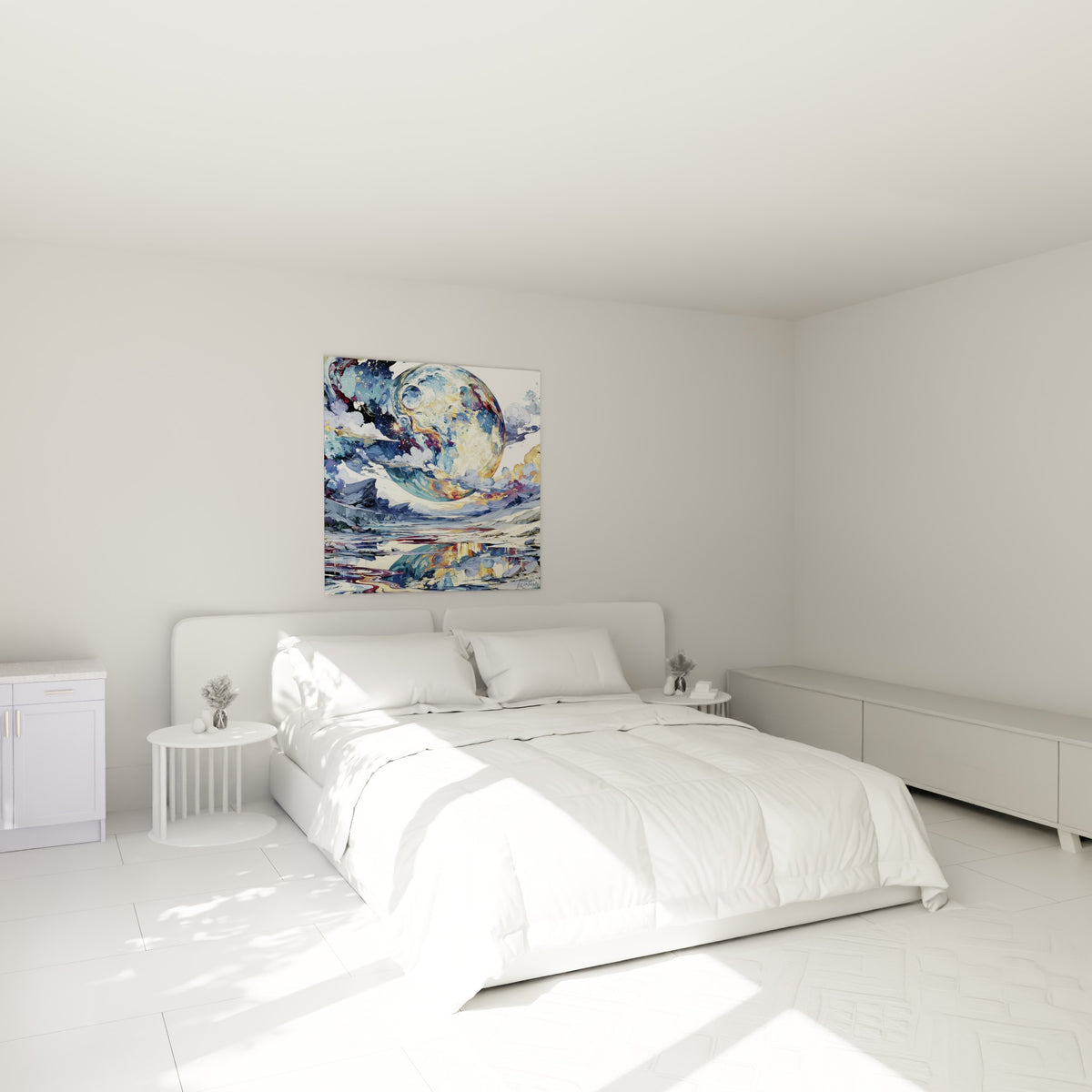 Sphère céleste bleu pastel et ocre accrochée au-dessus d'un lit dans une chambre claire