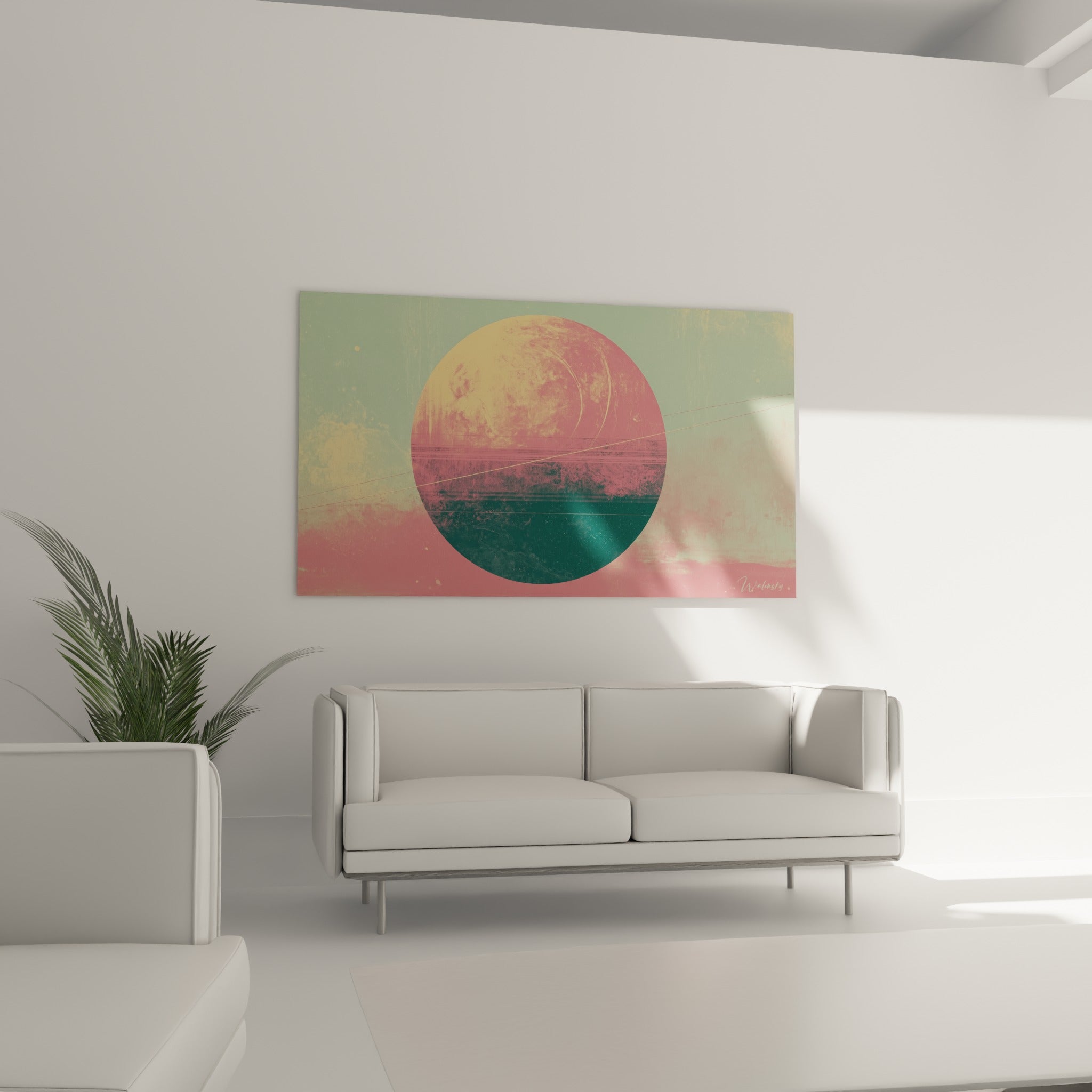 Composition Planète circulaire rose et vert sauge suspendue au-dessus d'un canapé dans un salon lumineux