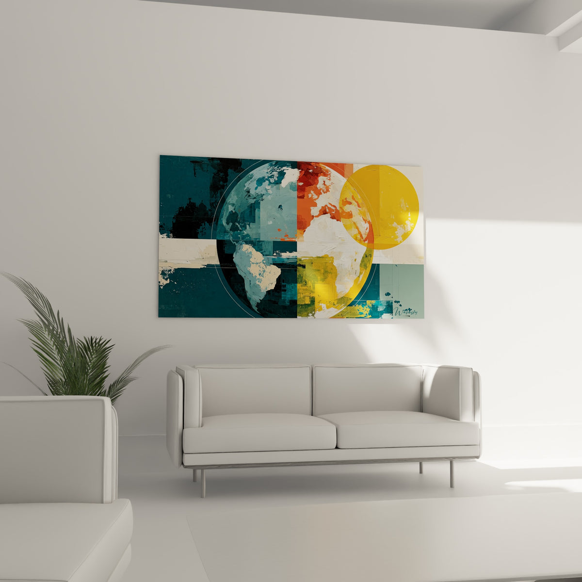 Terre stylisée en ocre doré et bleu pétrole, cercle solaire superposé, au-dessus d'un canapé dans un salon lumineux