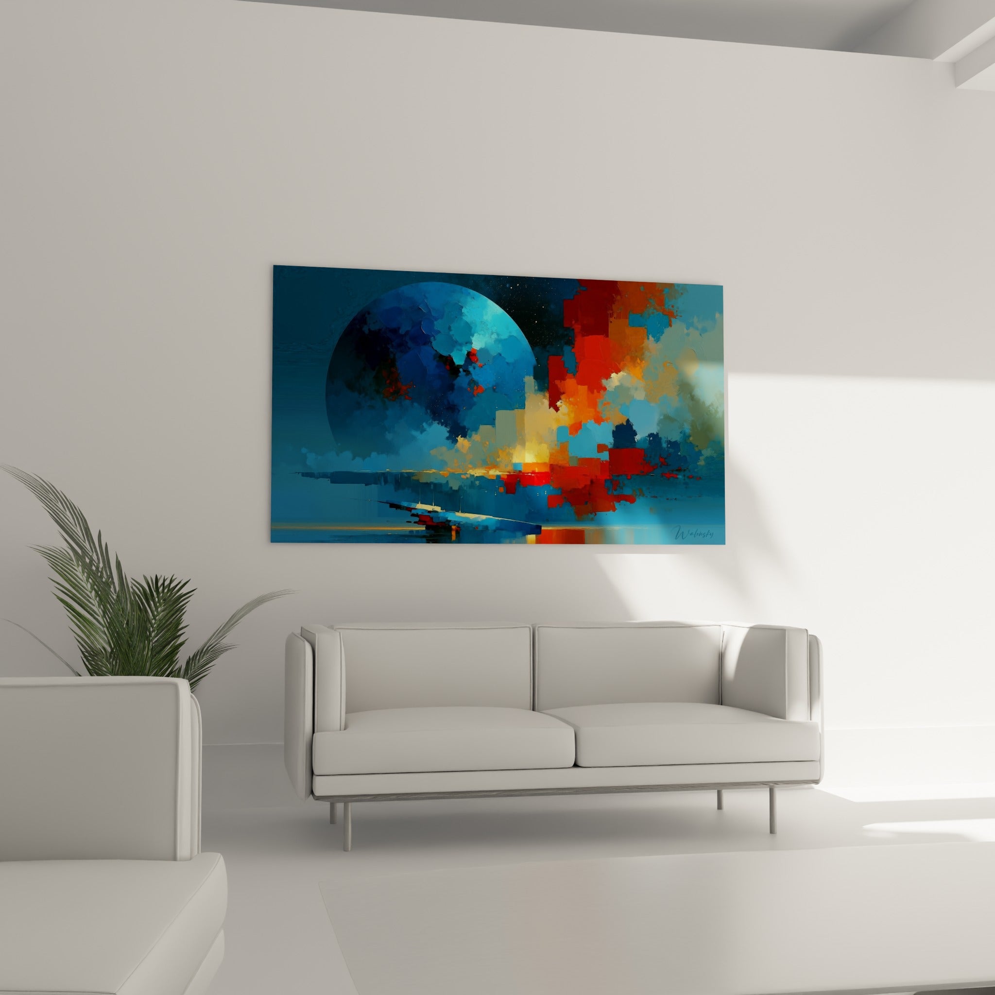 Composition Planète céleste bleue et terracotta suspendue au-dessus d'un canapé dans un salon lumineux
