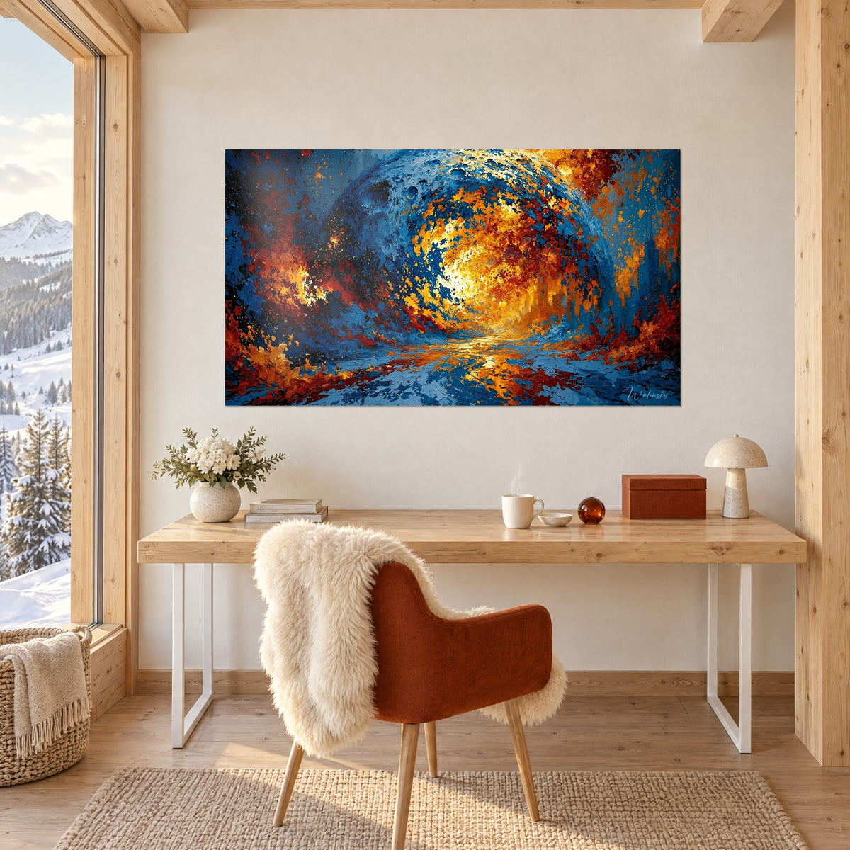 Tableau cité futuriste noyée dans un souffle de feu orange et d'azur profond, allée lumineuse, accroché au-dessus d'un bureau en chalet